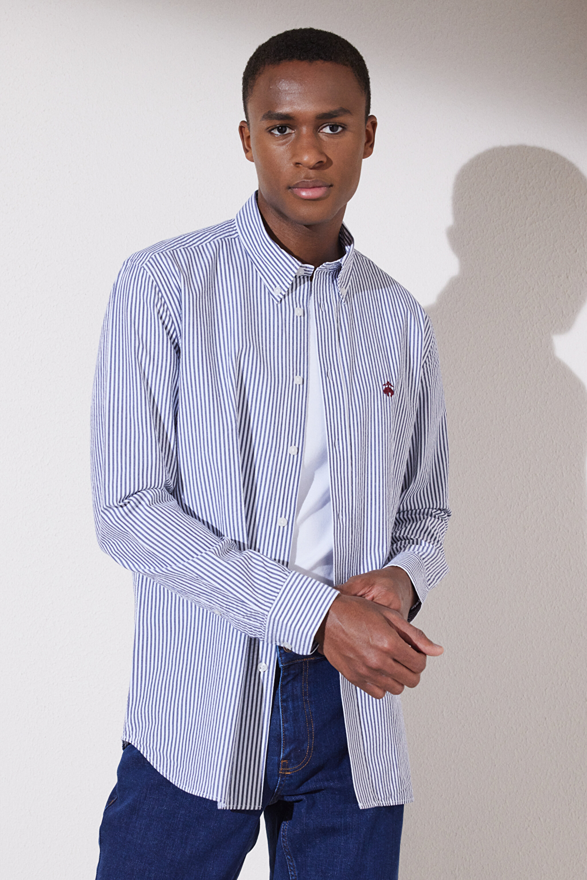 Slim Fit Dar Kesim Düğmeli Yaka Desenli Gömlek - Lacivert Çizgili (görsel 3)