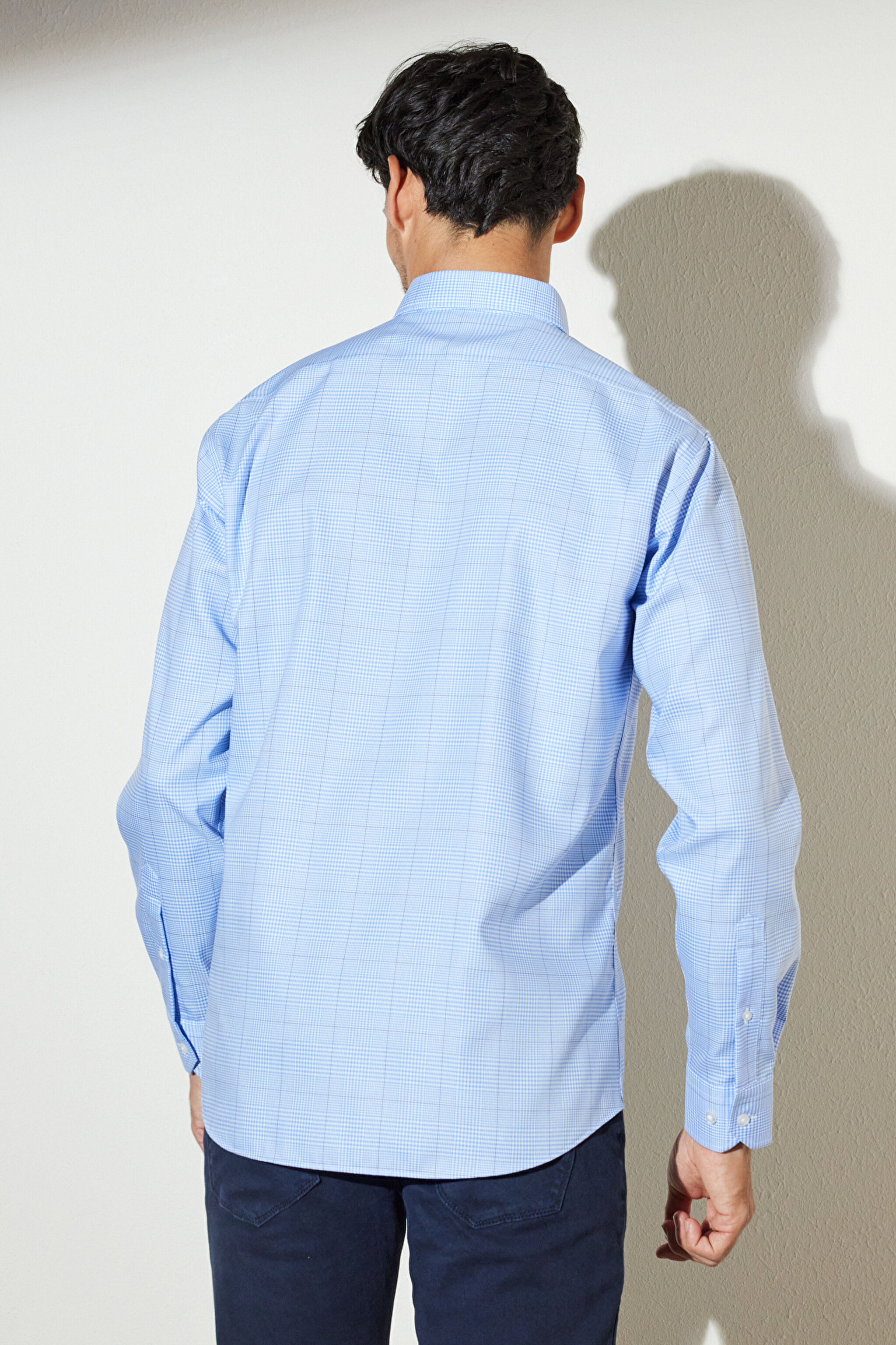 Comfort Fit Rahat Kesim Düğmeli Yaka %100 Pamuk Desenli Gömlek - Mavi-Beyaz (görsel 5)