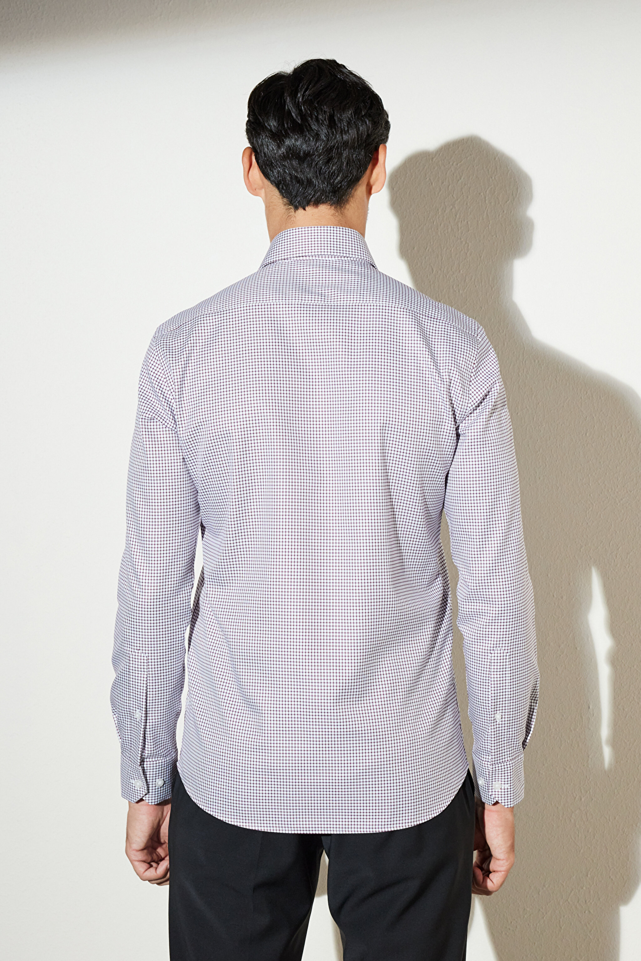 Slim Fit Dar Kesim İtalyan Yaka %100 Pamuk Desenli Gömlek - Bordo-Beyaz (görsel 6)