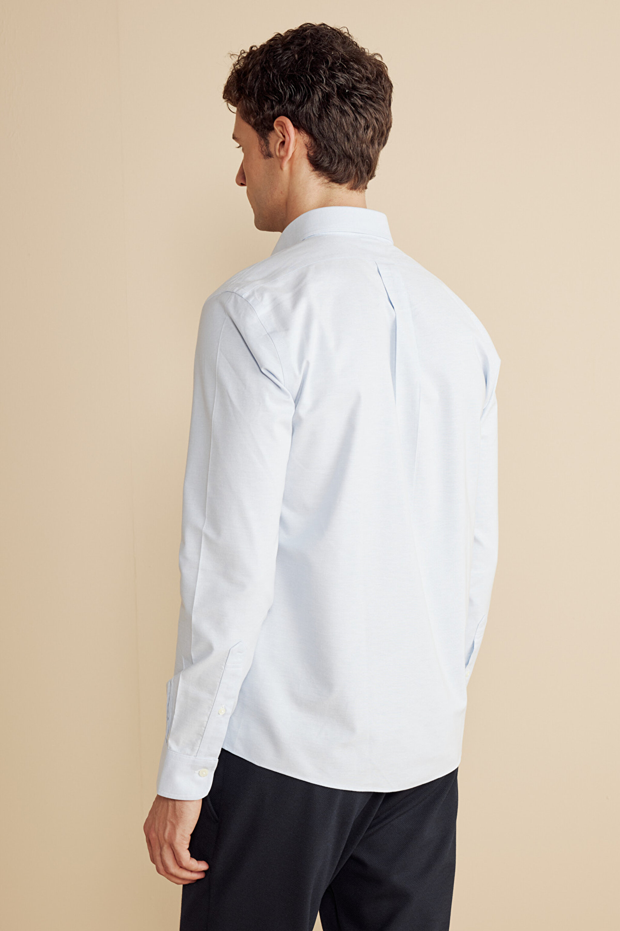 Ütü Gerektirmeyen Slim Fit Dar Kesim Pamuklu Non-Iron Gömlek - Mavi (görsel 5)