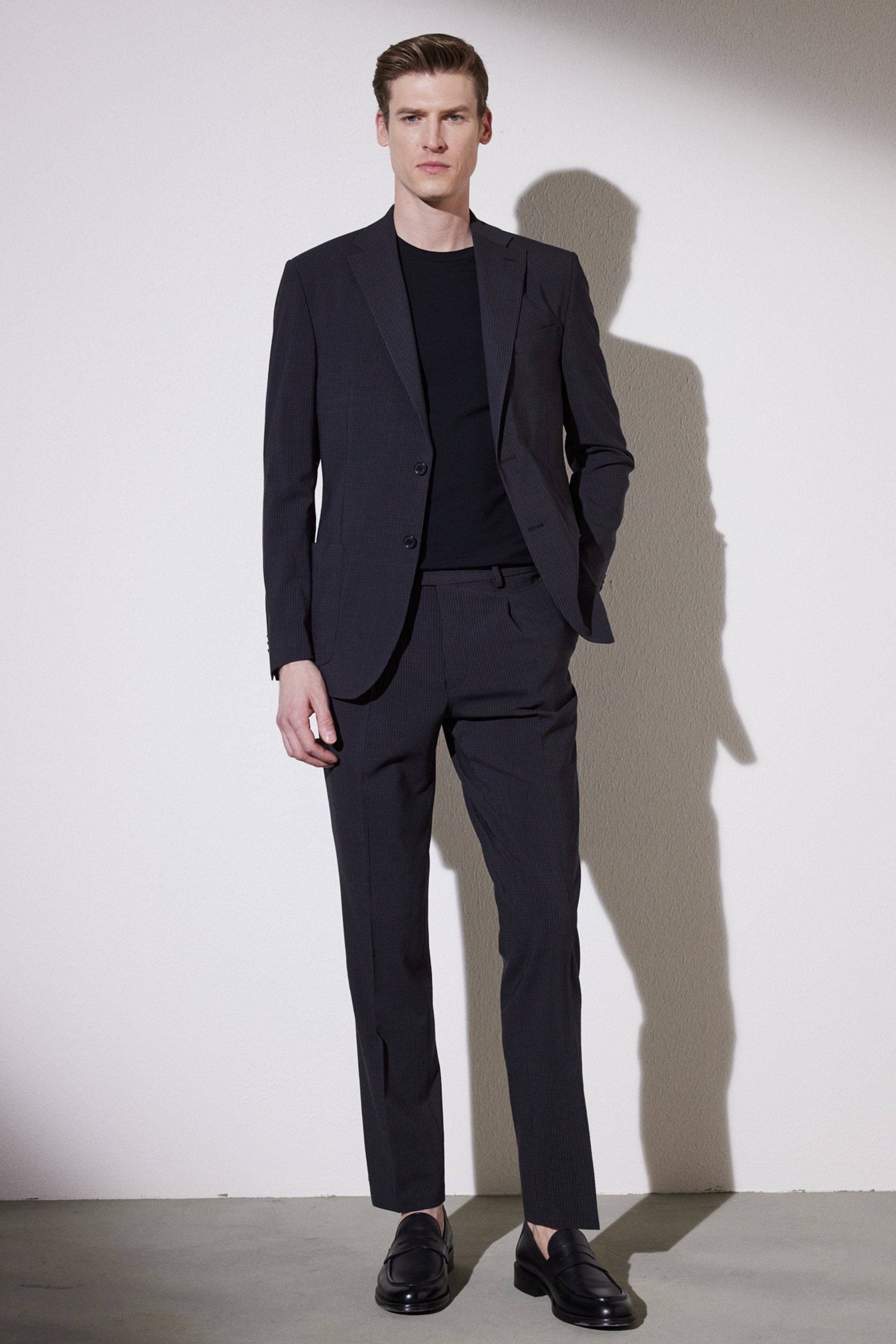 Slim Fit Dar Kesim Mono Yaka Desenli Takım Elbise - Siyah