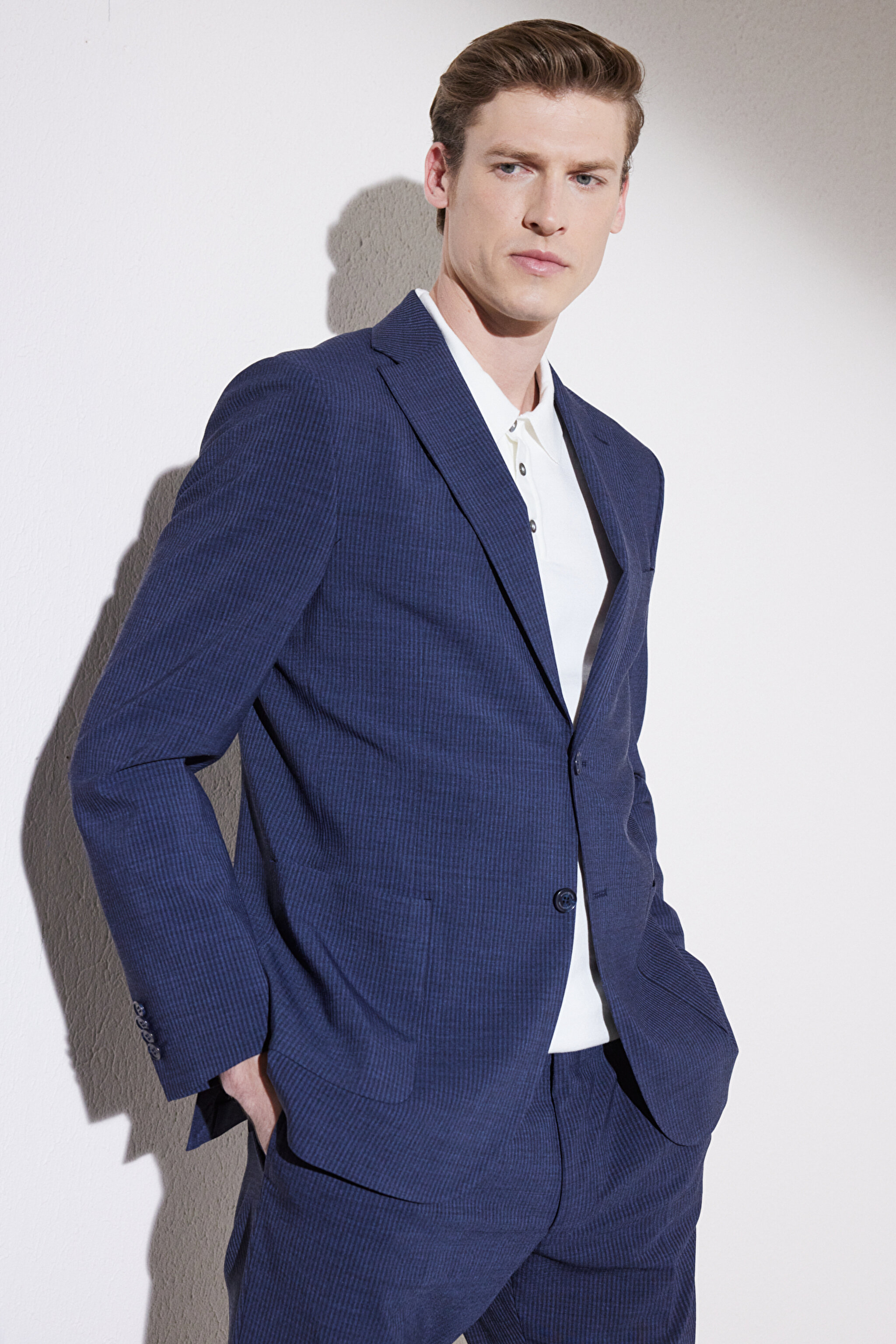 Slim Fit Dar Kesim Mono Yaka Desenli Takım Elbise - Lacivert