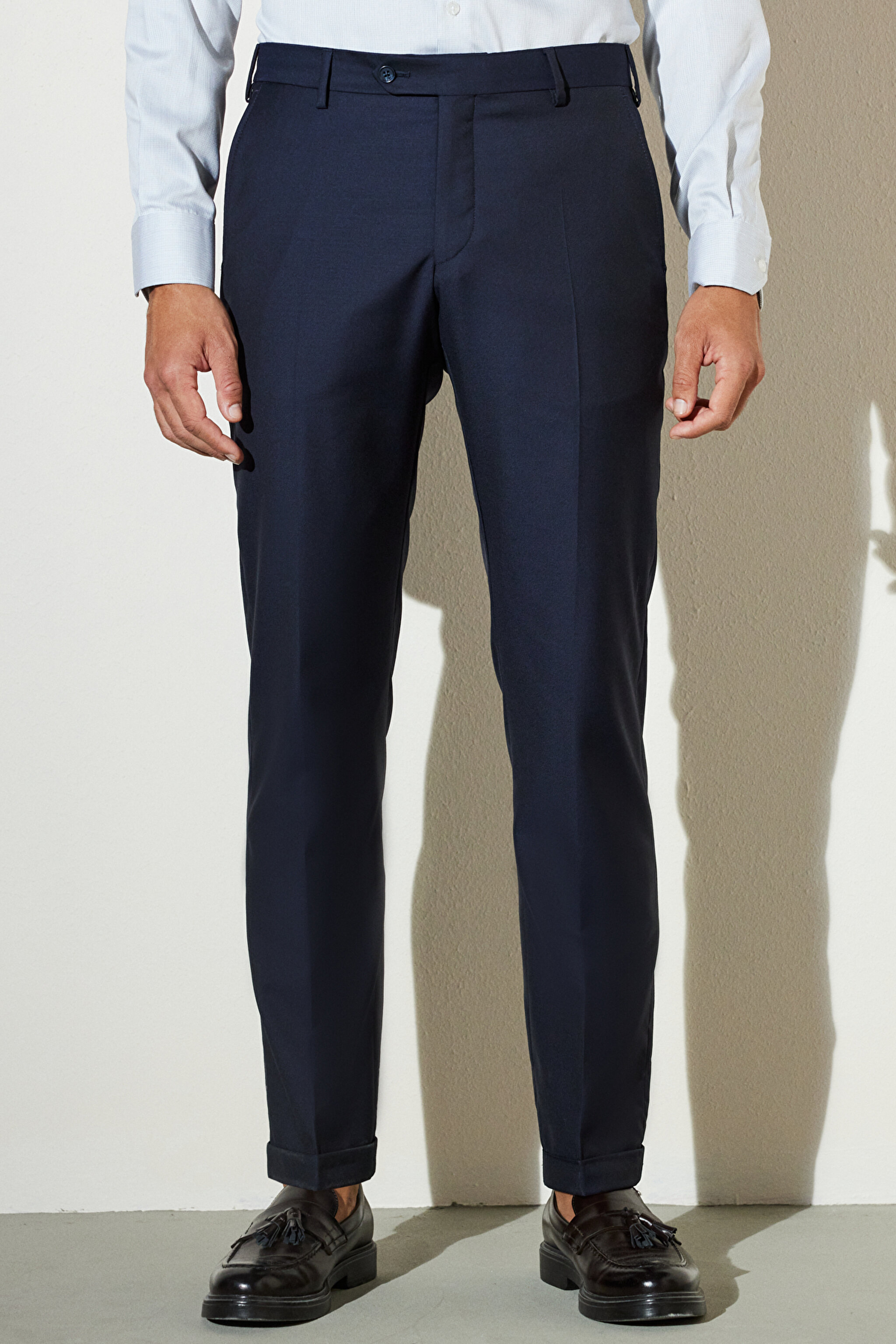 Comfort Fit Rahat Kesim Mono Yaka Desenli Yünlü Takım Elbise - Lacivert (görsel 7)
