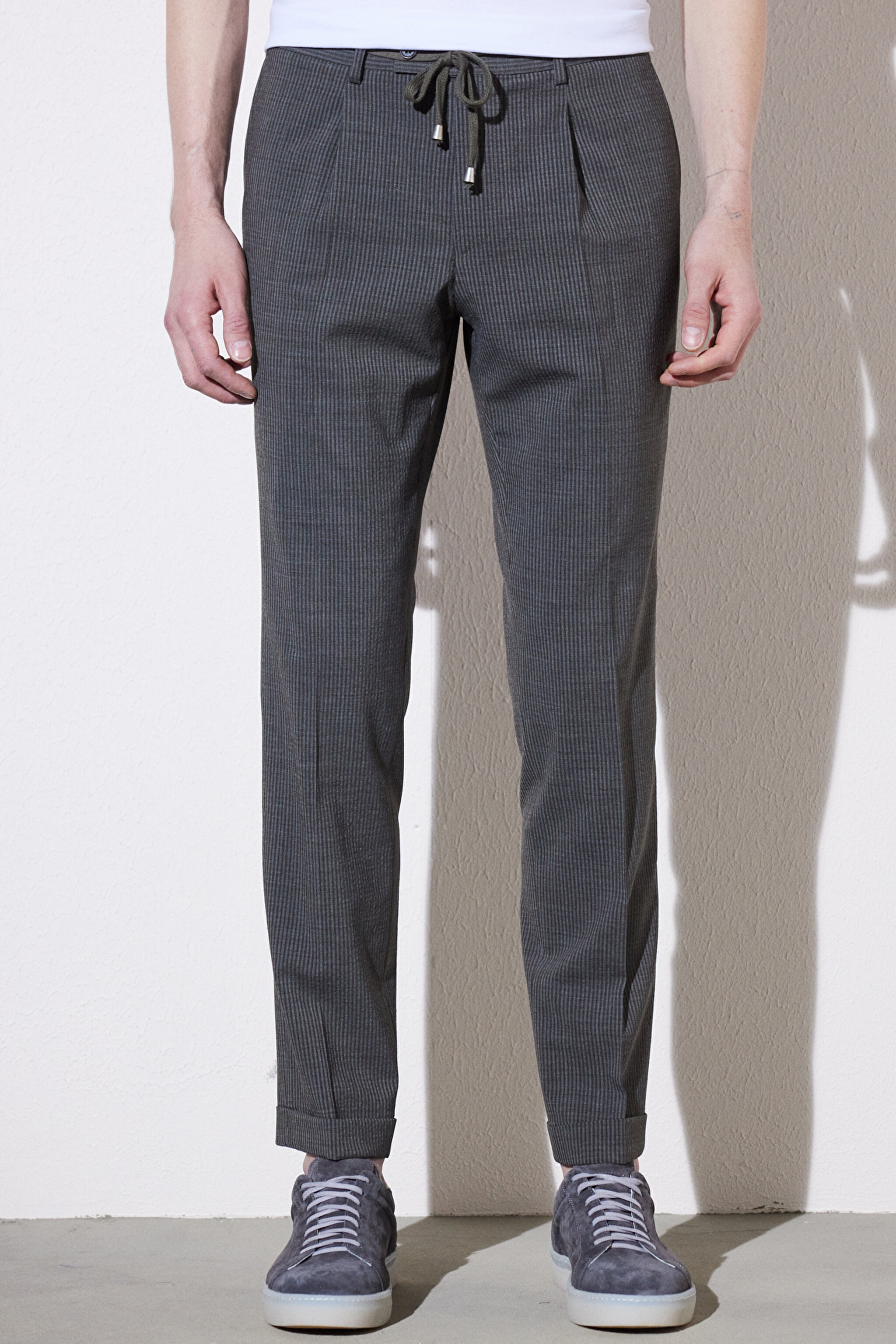 Slim Fit Dar Kesim Mono Yaka İtalyan Kumaş Marzotto Takım Elbise - Haki (görsel 5)