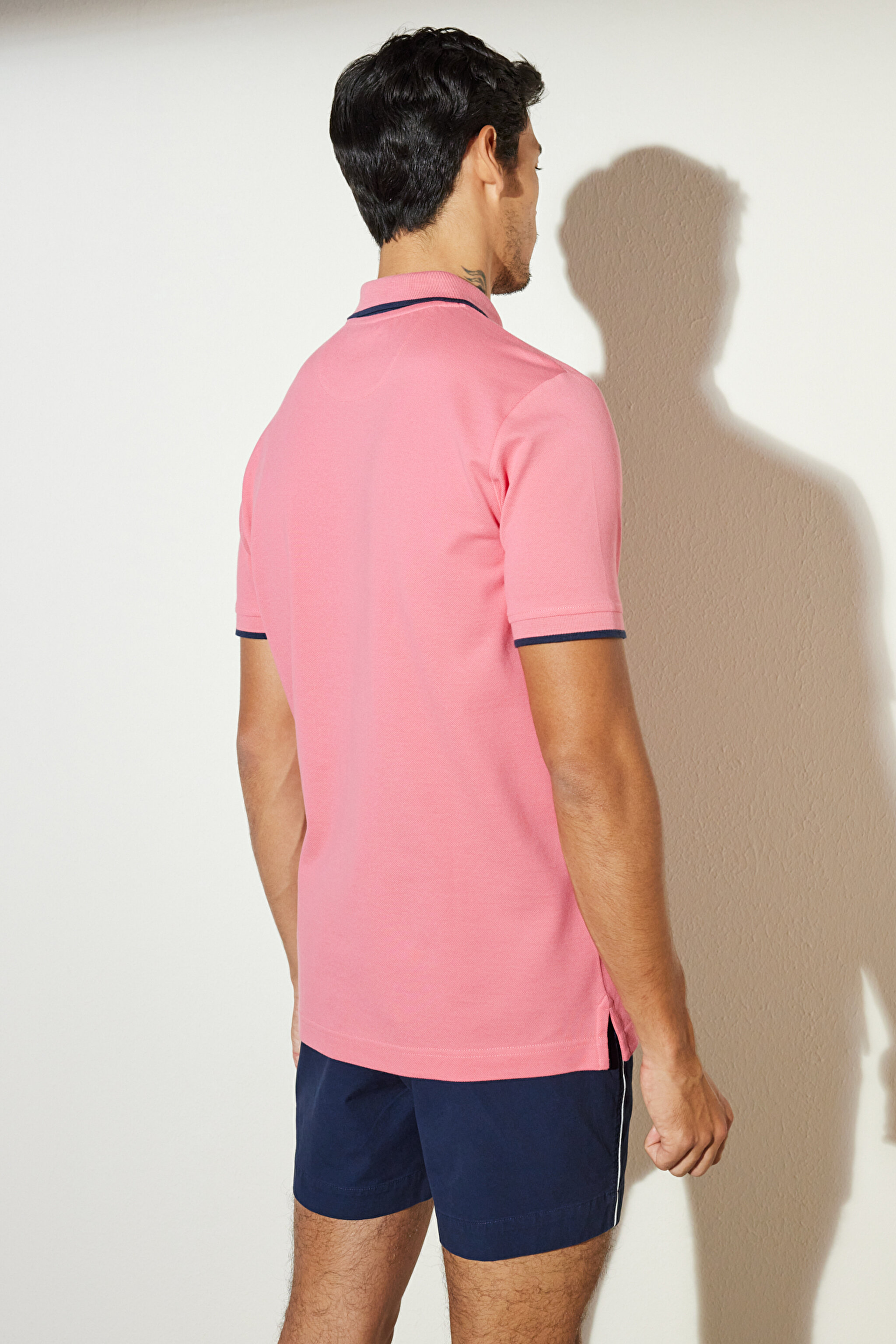 %100 Pamuk Polo Yaka Tişört - Pembe (görsel 4)