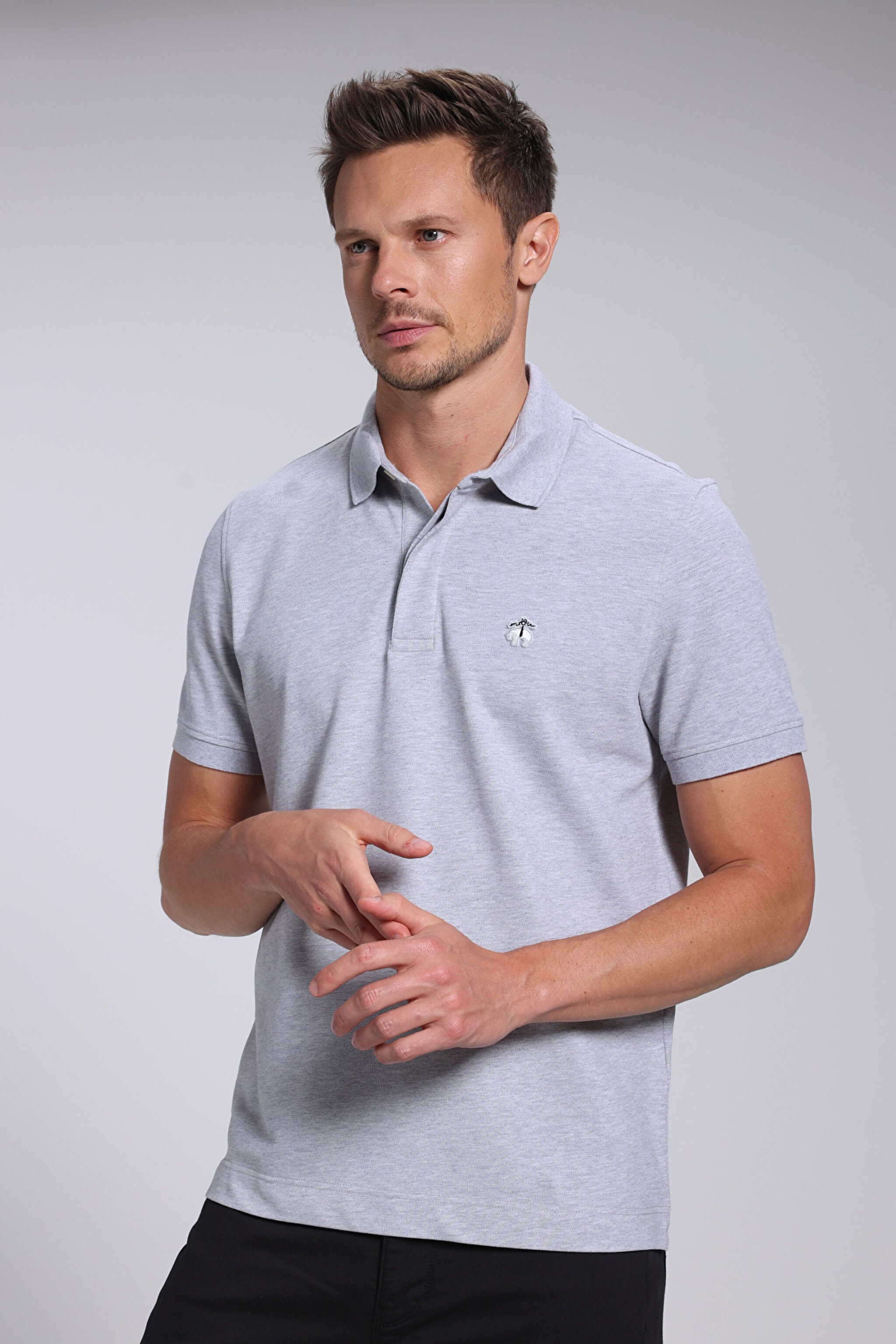 Likralı Pike Polo Tişört - Gri Melanj (görsel 2)