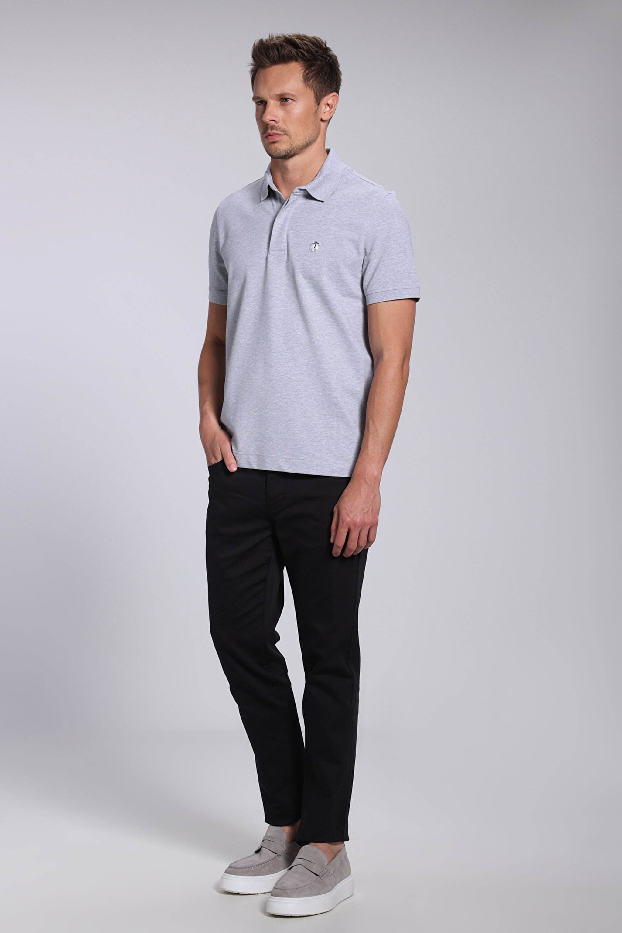 Likralı Pike Polo Tişört - Gri Melanj (görsel 3)