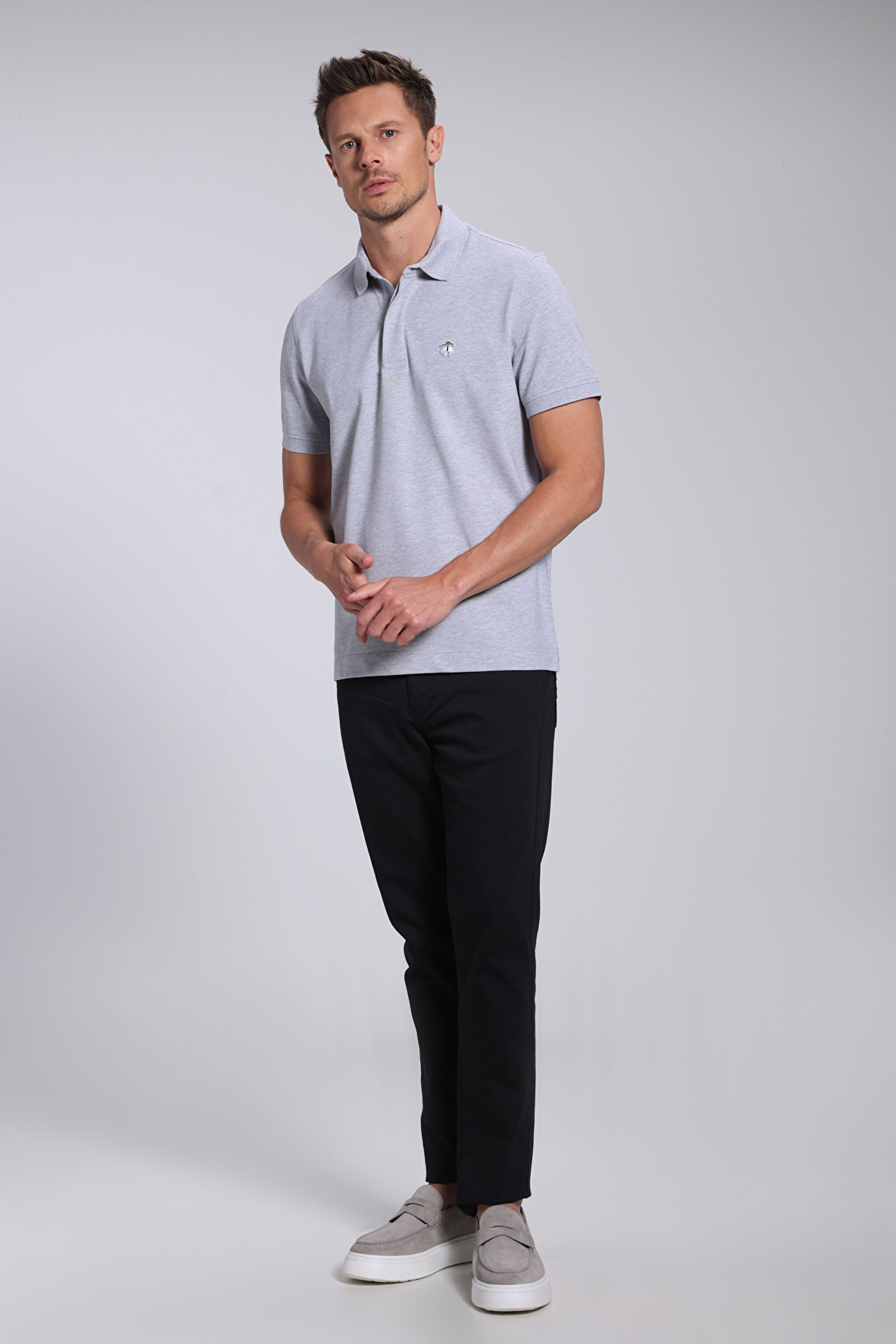 Likralı Pike Polo Tişört - Gri Melanj (görsel 4)