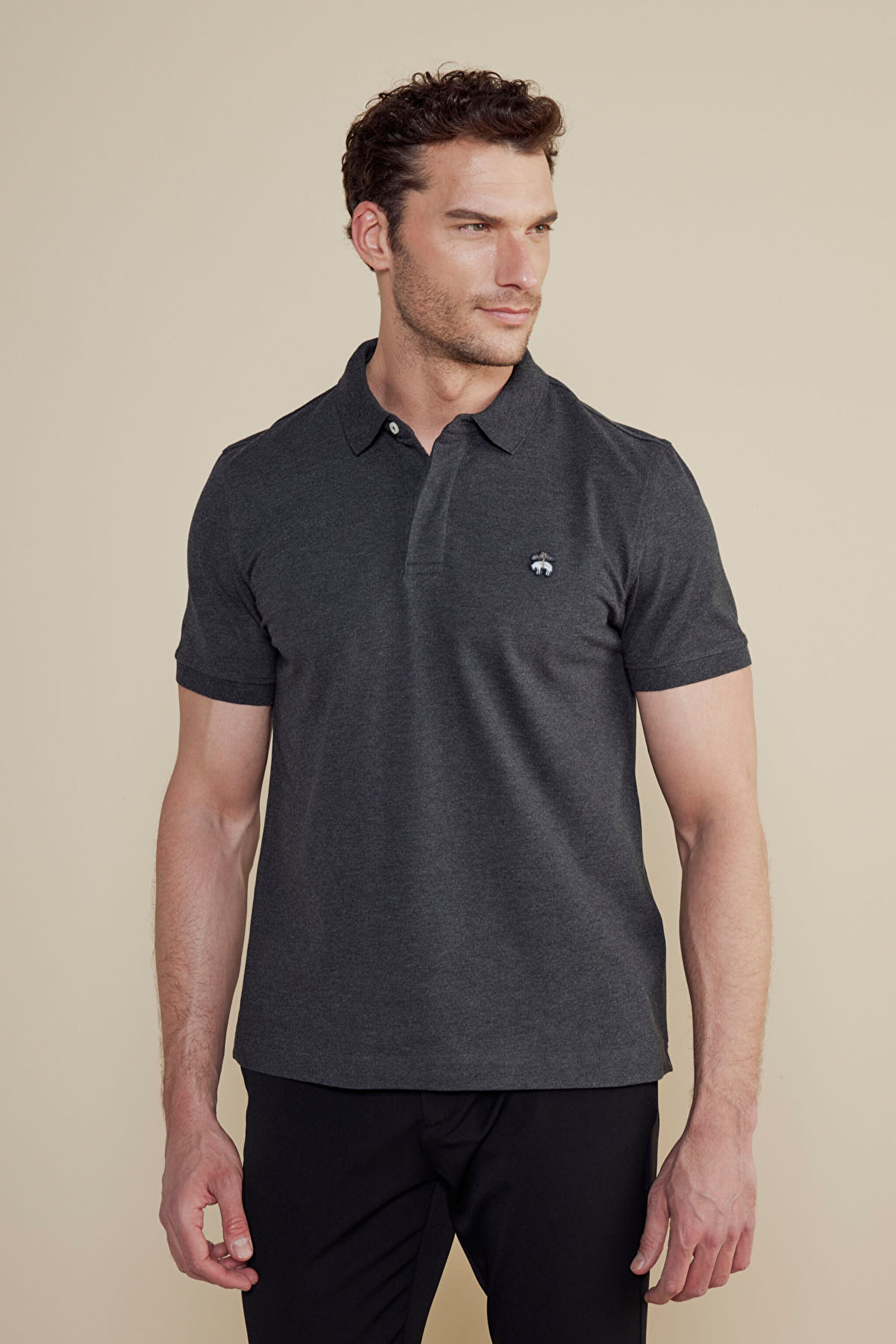 Likralı Pike Polo Tişört - Antrasit