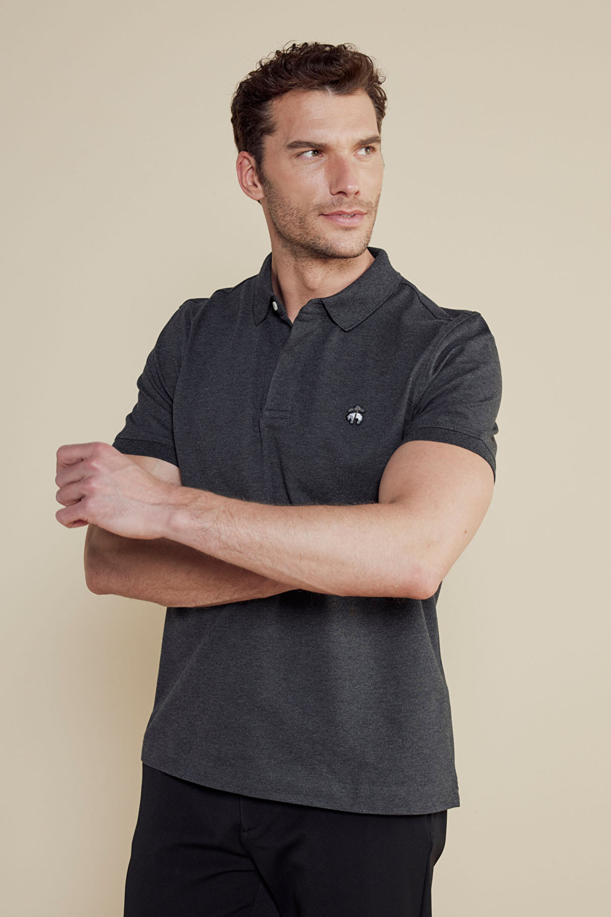 Likralı Pike Polo Tişört - Antrasit (görsel 2)