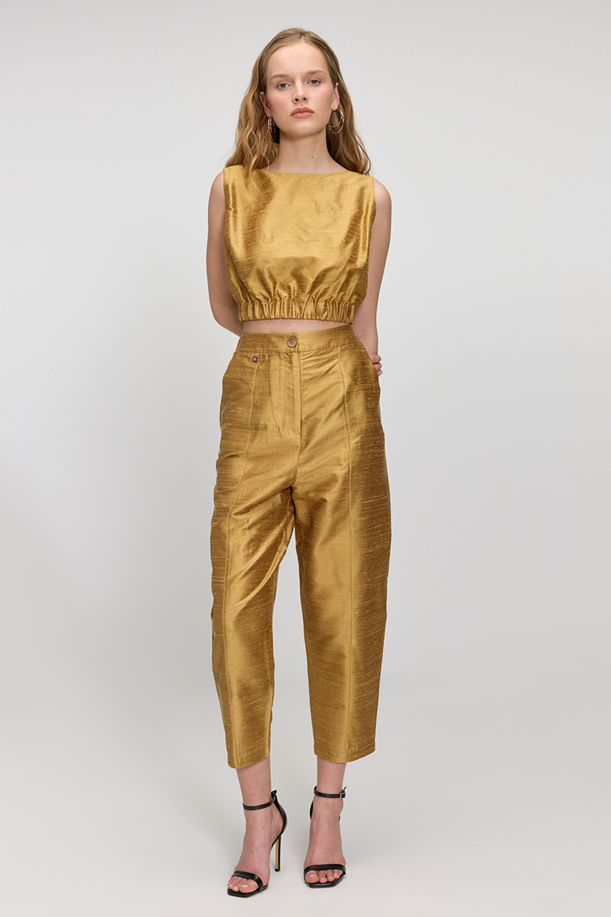 %100 İpek Sırt Dekolteli Crop Büstiyer - Camel (görsel 3)