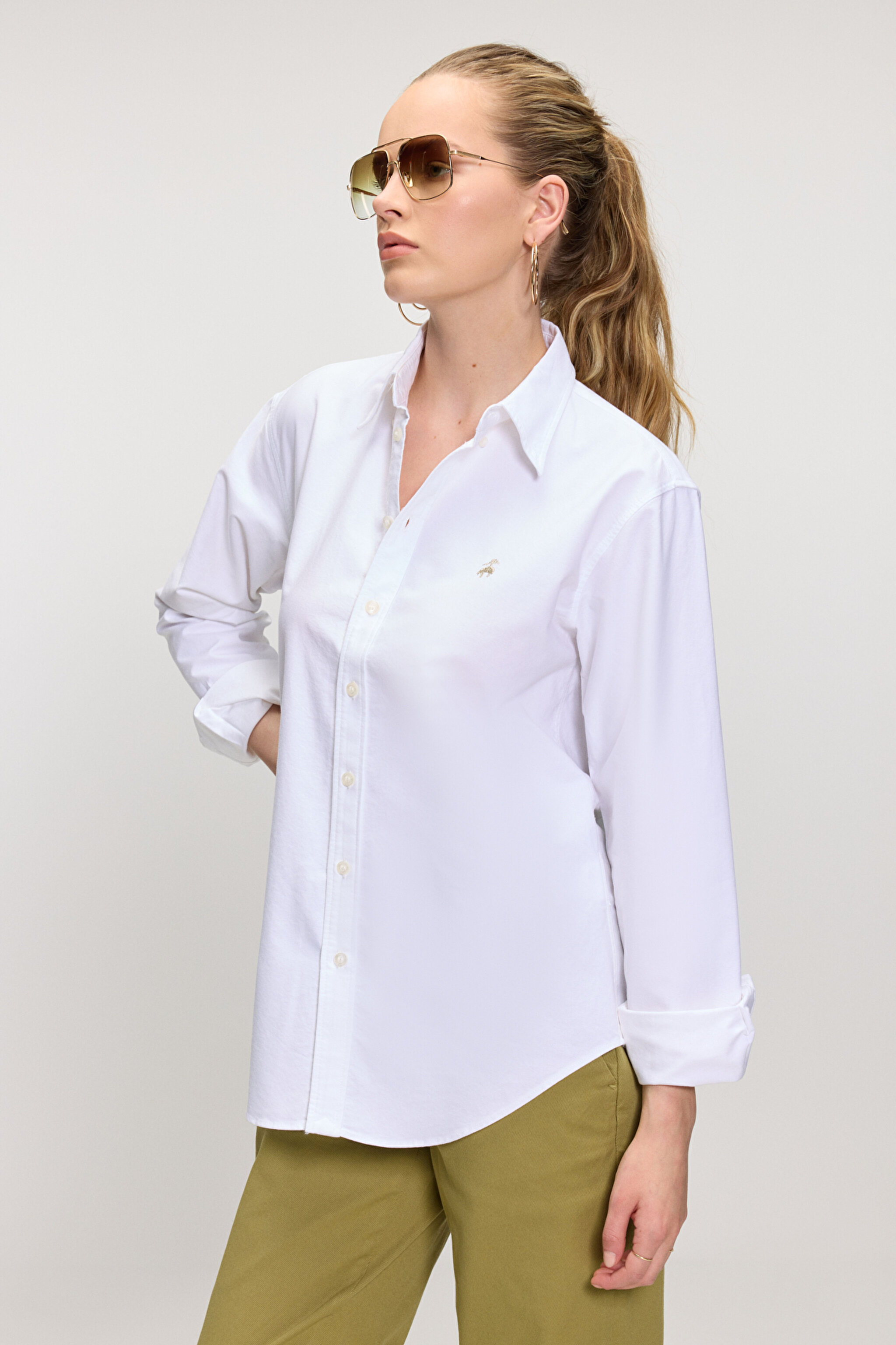%100 Pamuk Logo Nakışlı Regular Fit Çizgili Oxford Gömlek - Beyaz (görsel 2)