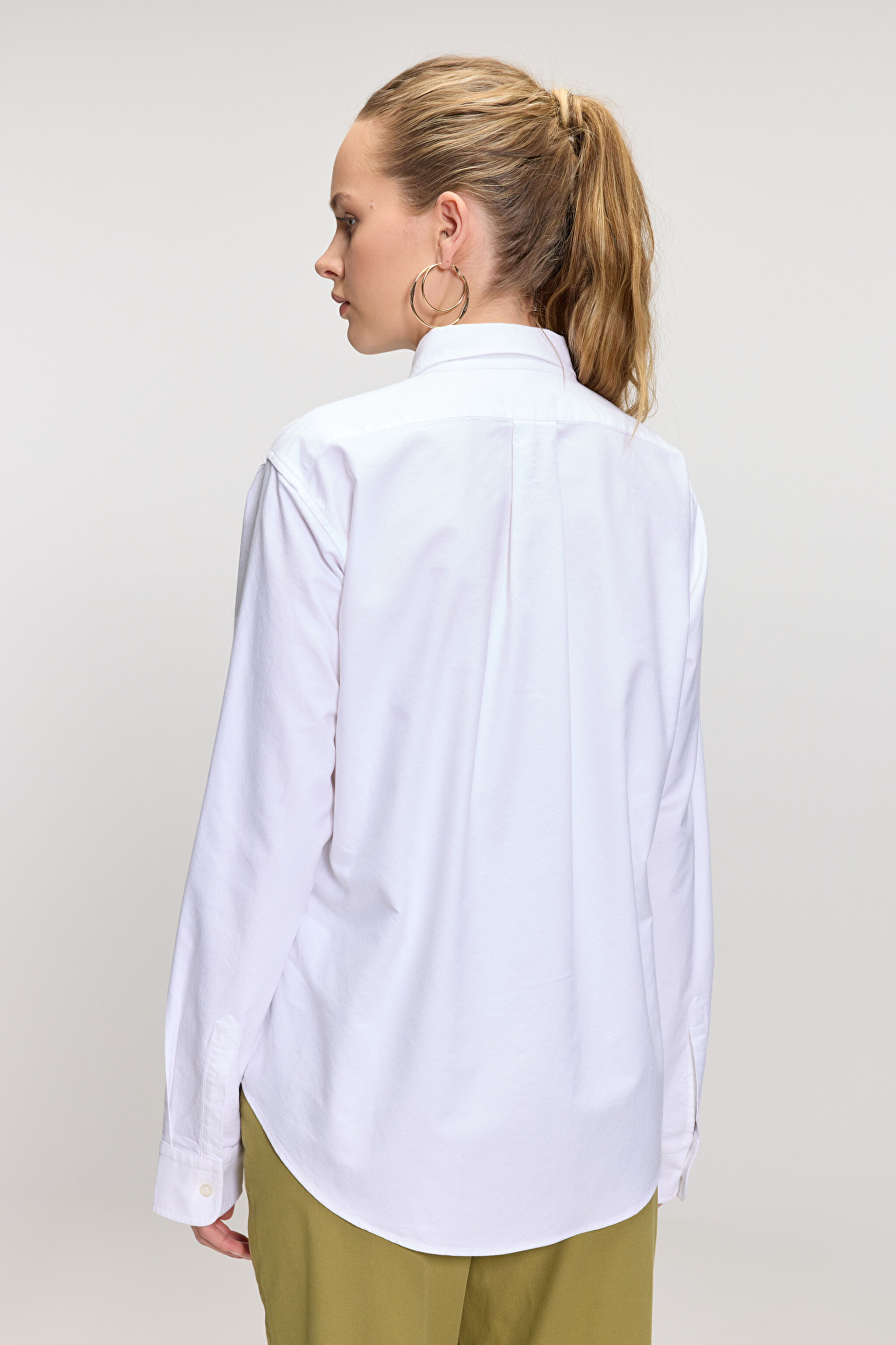 %100 Pamuk Logo Nakışlı Regular Fit Çizgili Oxford Gömlek - Beyaz (görsel 5)