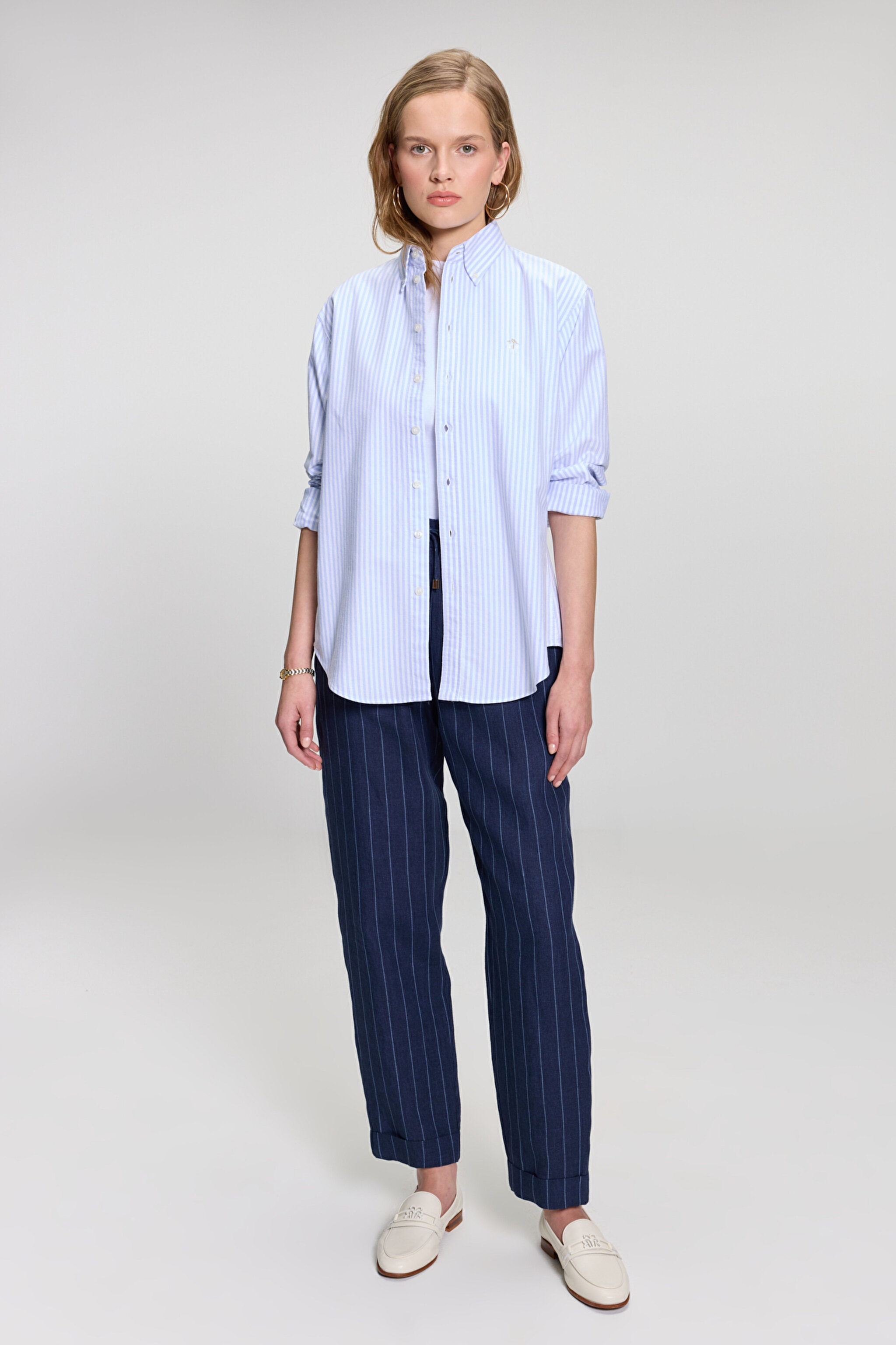 %100 Pamuk Logo Nakışlı Regular Fit Çizgili Oxford Gömlek - Mavi-Beyaz (görsel 2)