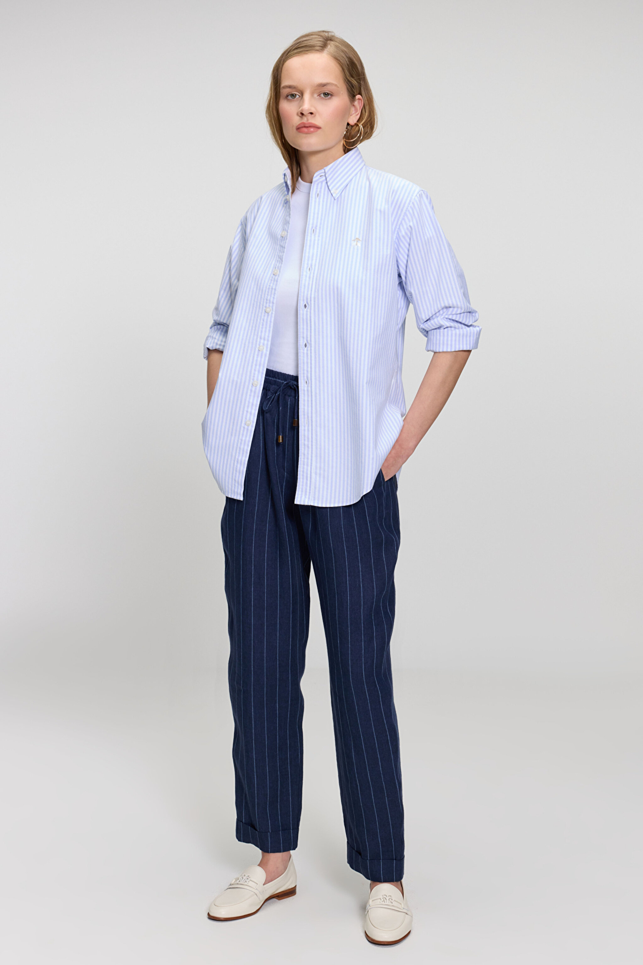 %100 Pamuk Logo Nakışlı Regular Fit Çizgili Oxford Gömlek - Mavi-Beyaz (görsel 3)