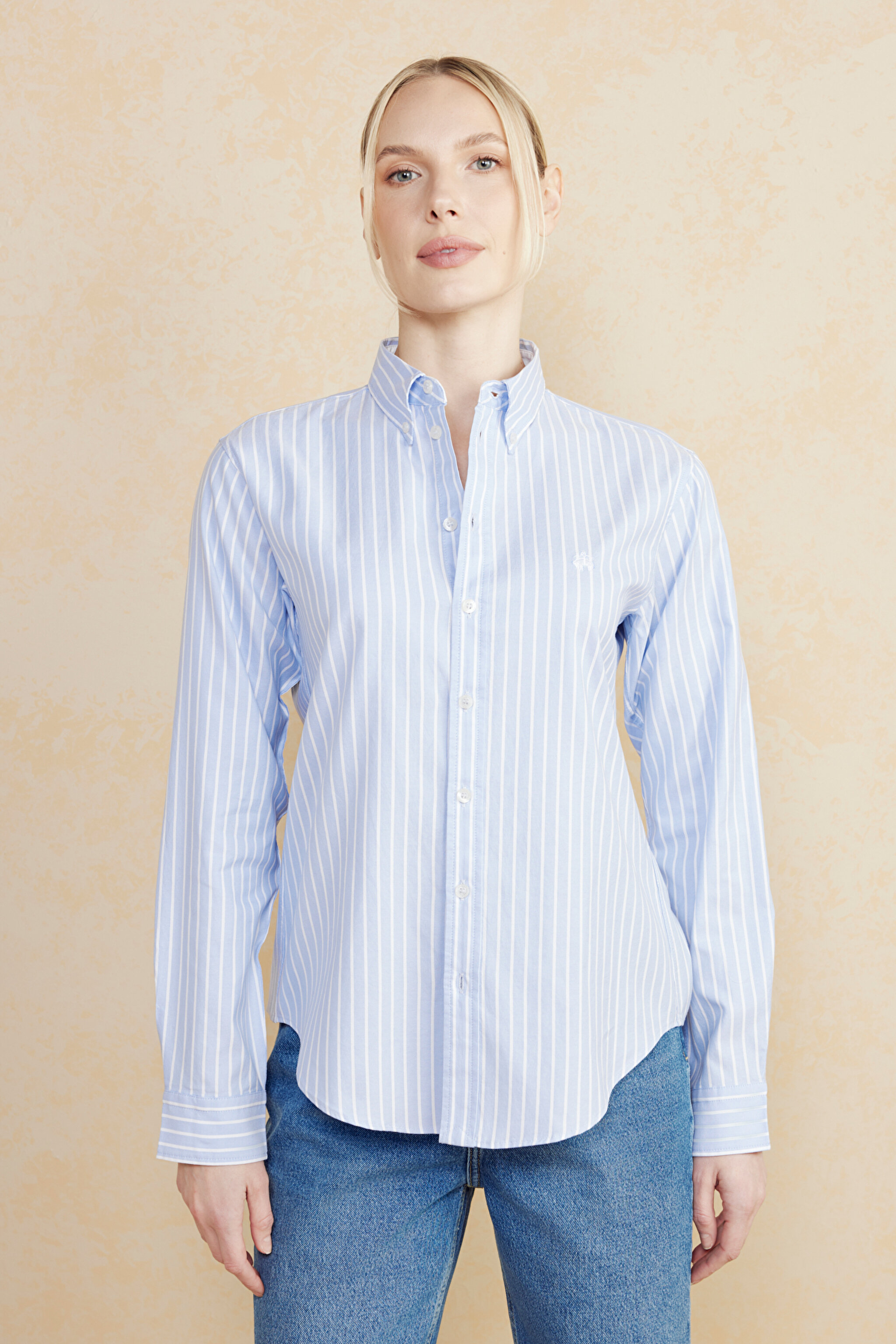 %100 Pamuk Logo Nakışlı Regular Fit Çizgili Oxford Gömlek - Mavi Çizgili (görsel 2)