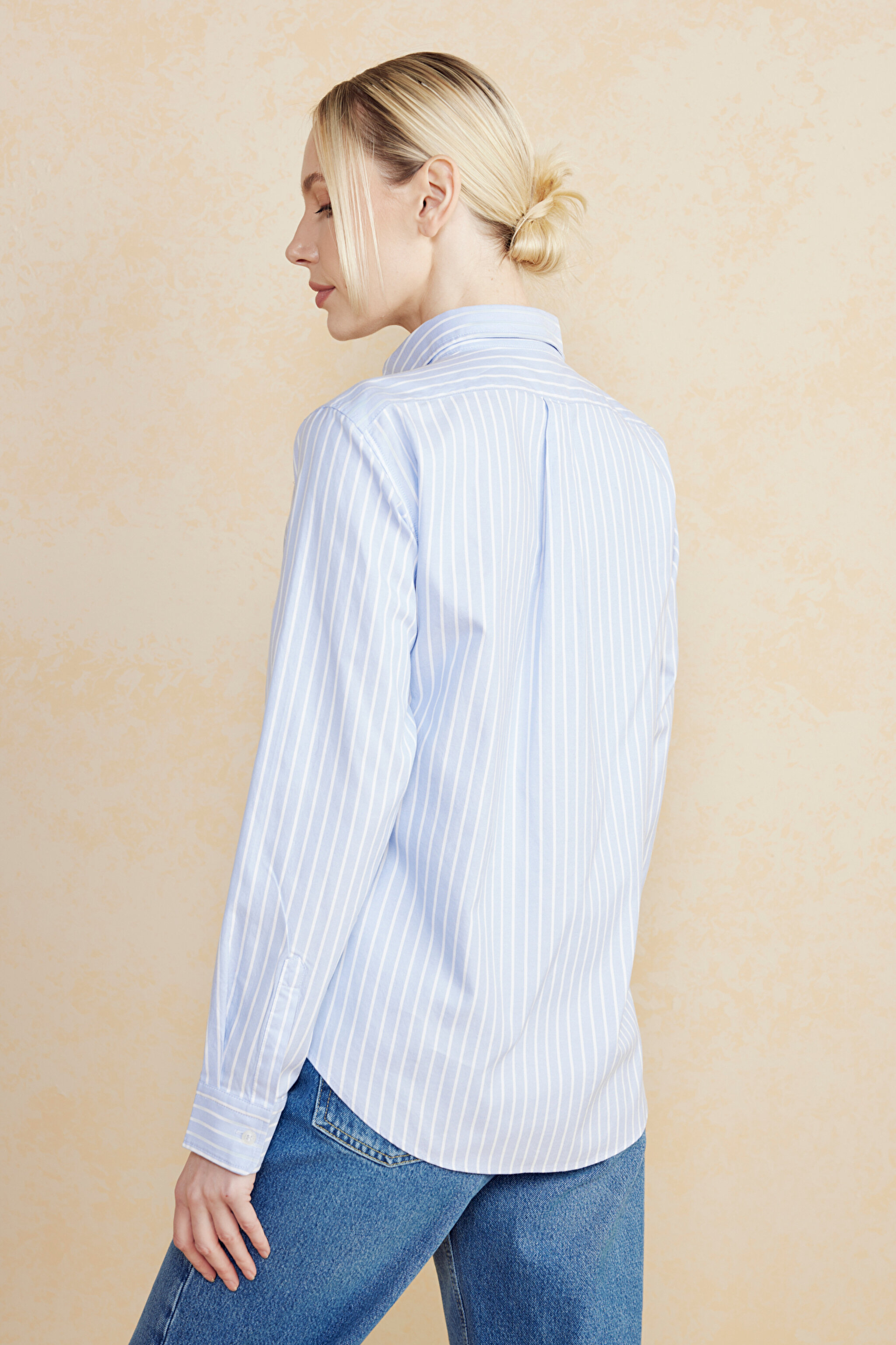 %100 Pamuk Logo Nakışlı Regular Fit Çizgili Oxford Gömlek - Mavi Çizgili (görsel 5)