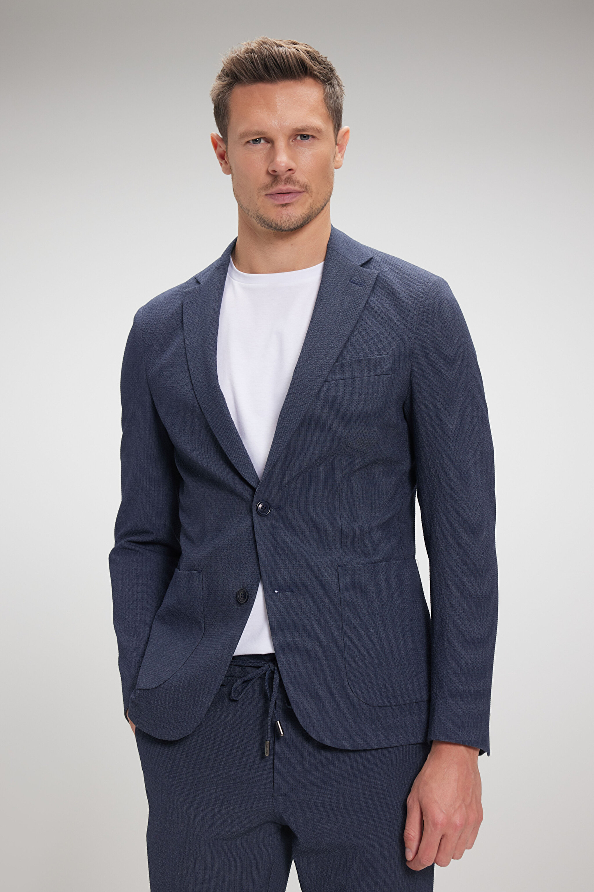 Mono Yaka Cepli Astarsız Slim Fit Ceket - Lacivert