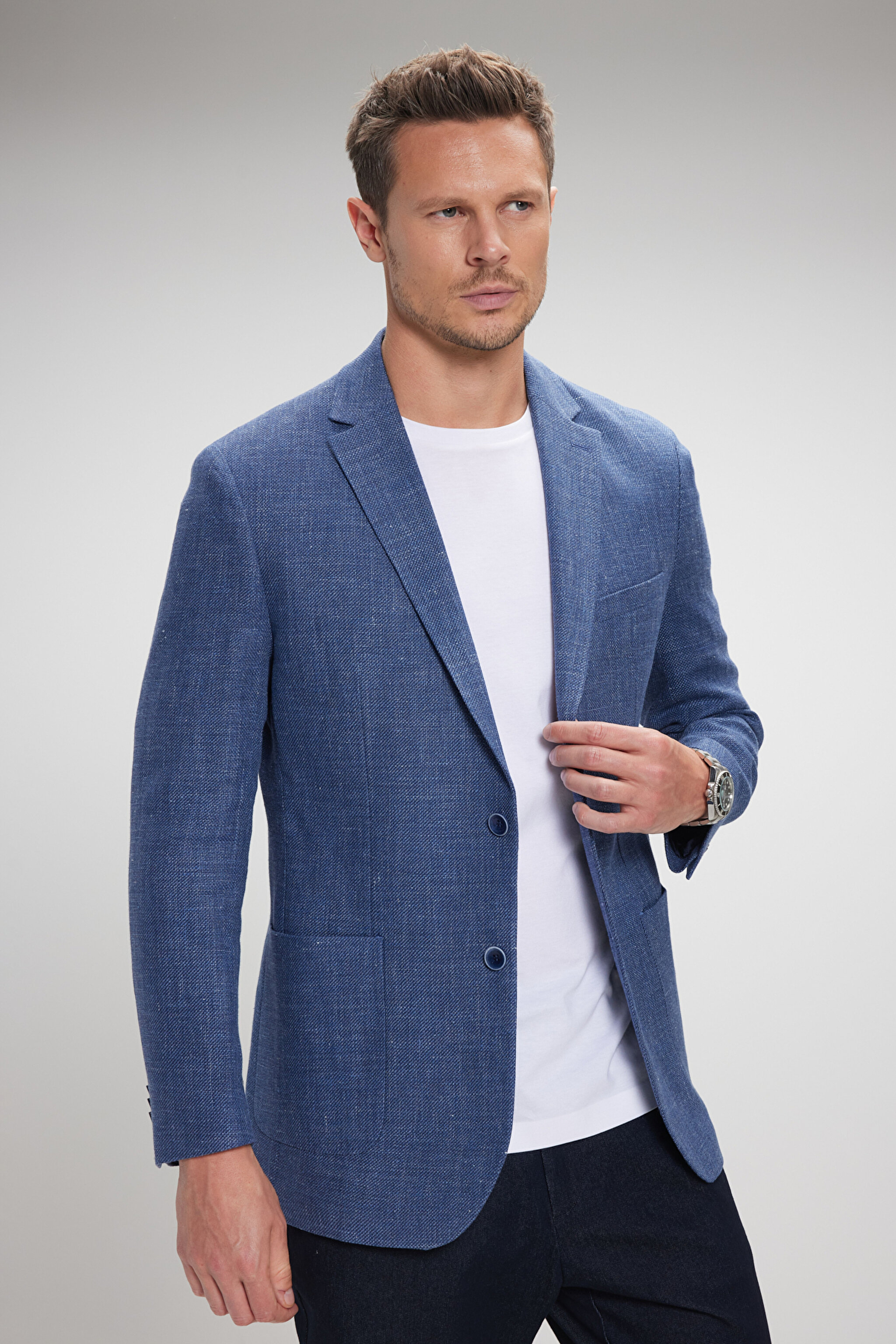 Keten Yün Karışımlı Regular Fit Mono Yaka Ceket - Lacivert (görsel 3)