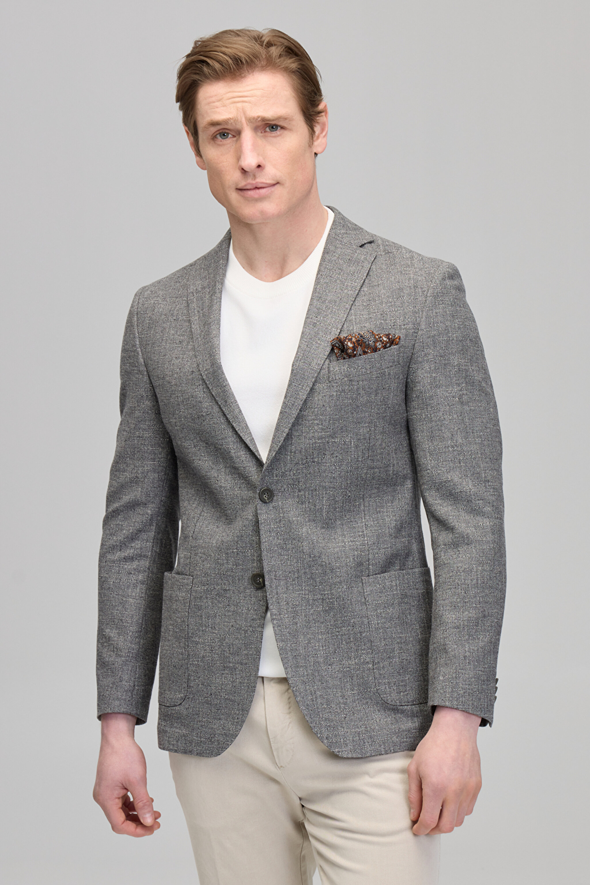 Slim Fit Mono Yaka Yün Pamuk Karışımlı Gri Erkek Ceket - Gri