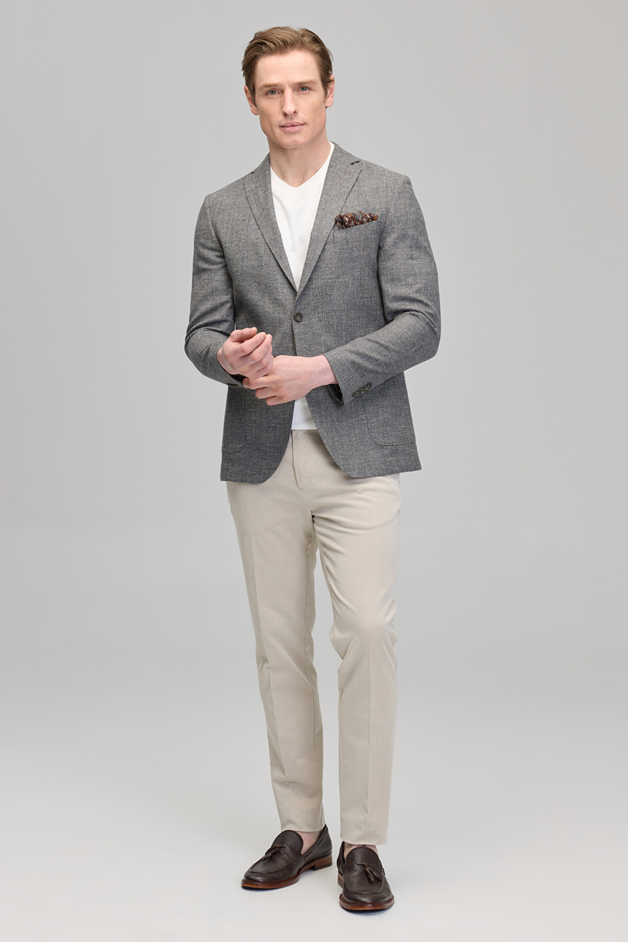 Slim Fit Mono Yaka Yün Pamuk Karışımlı Gri Erkek Ceket - Gri (görsel 4)