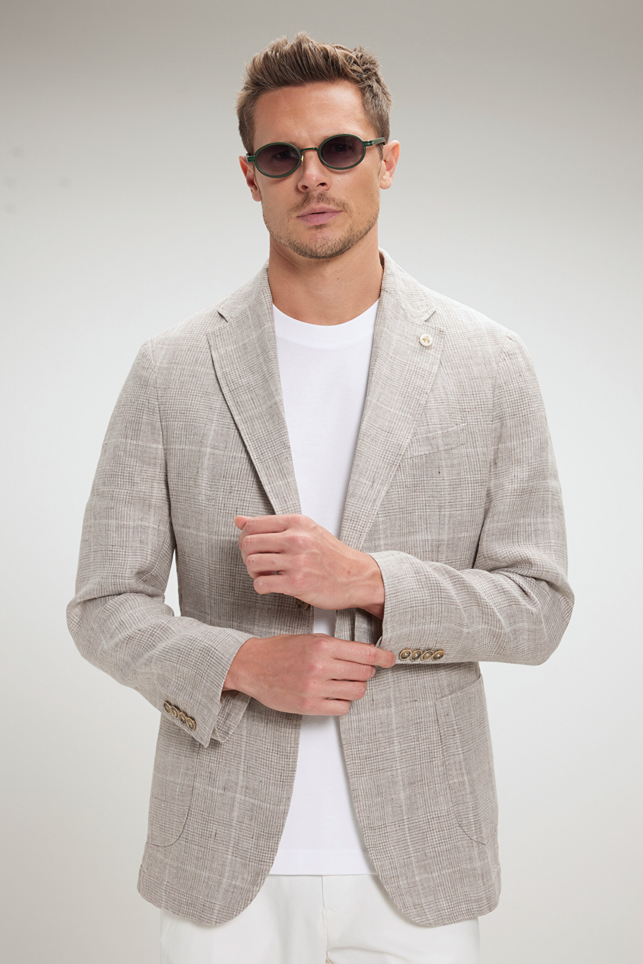 %100 Keten Mono Yaka Slim Fit Limited Edition Ceket - Bej Ekoseli