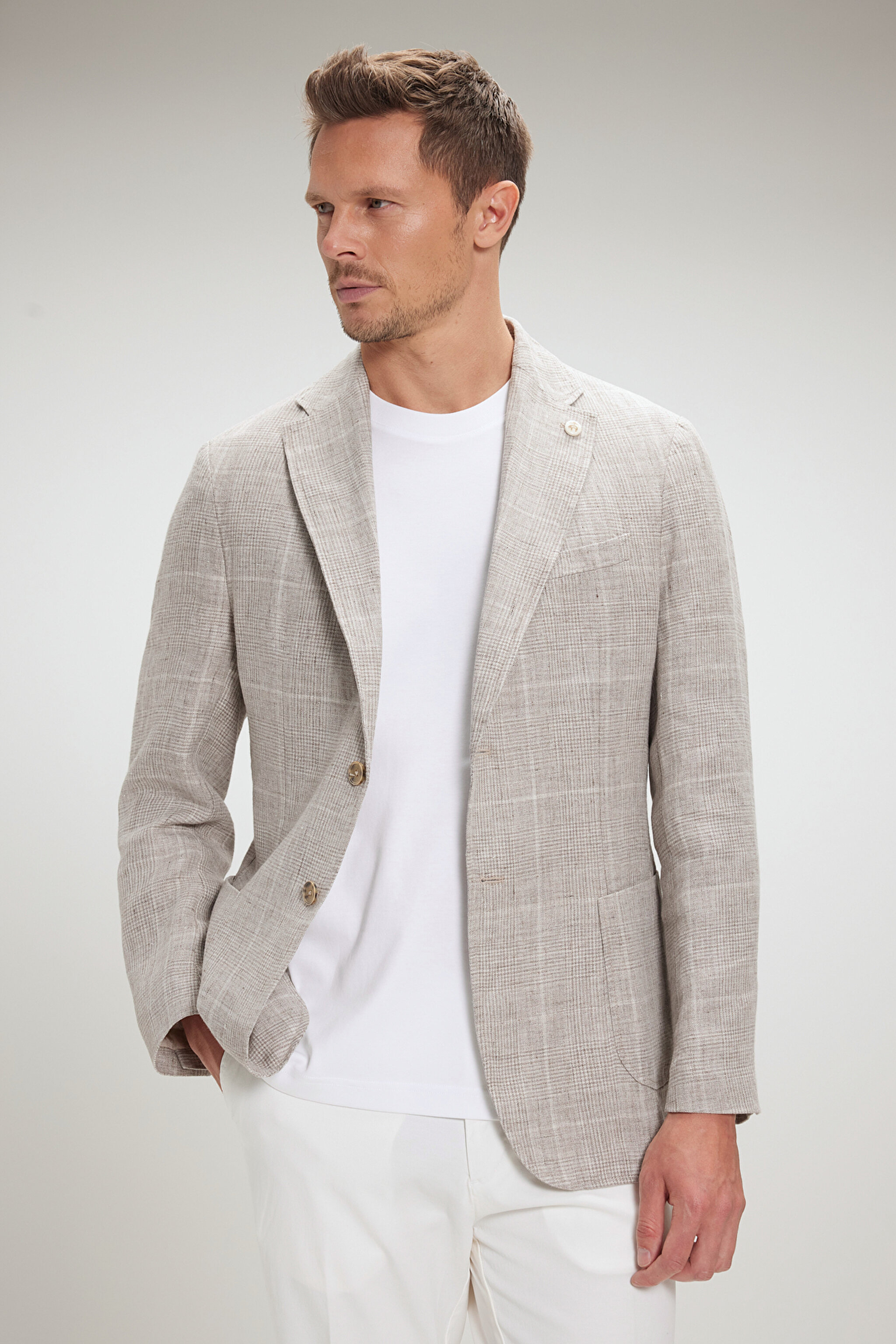 %100 Keten Mono Yaka Slim Fit Limited Edition Ceket - Bej Ekoseli (görsel 2)