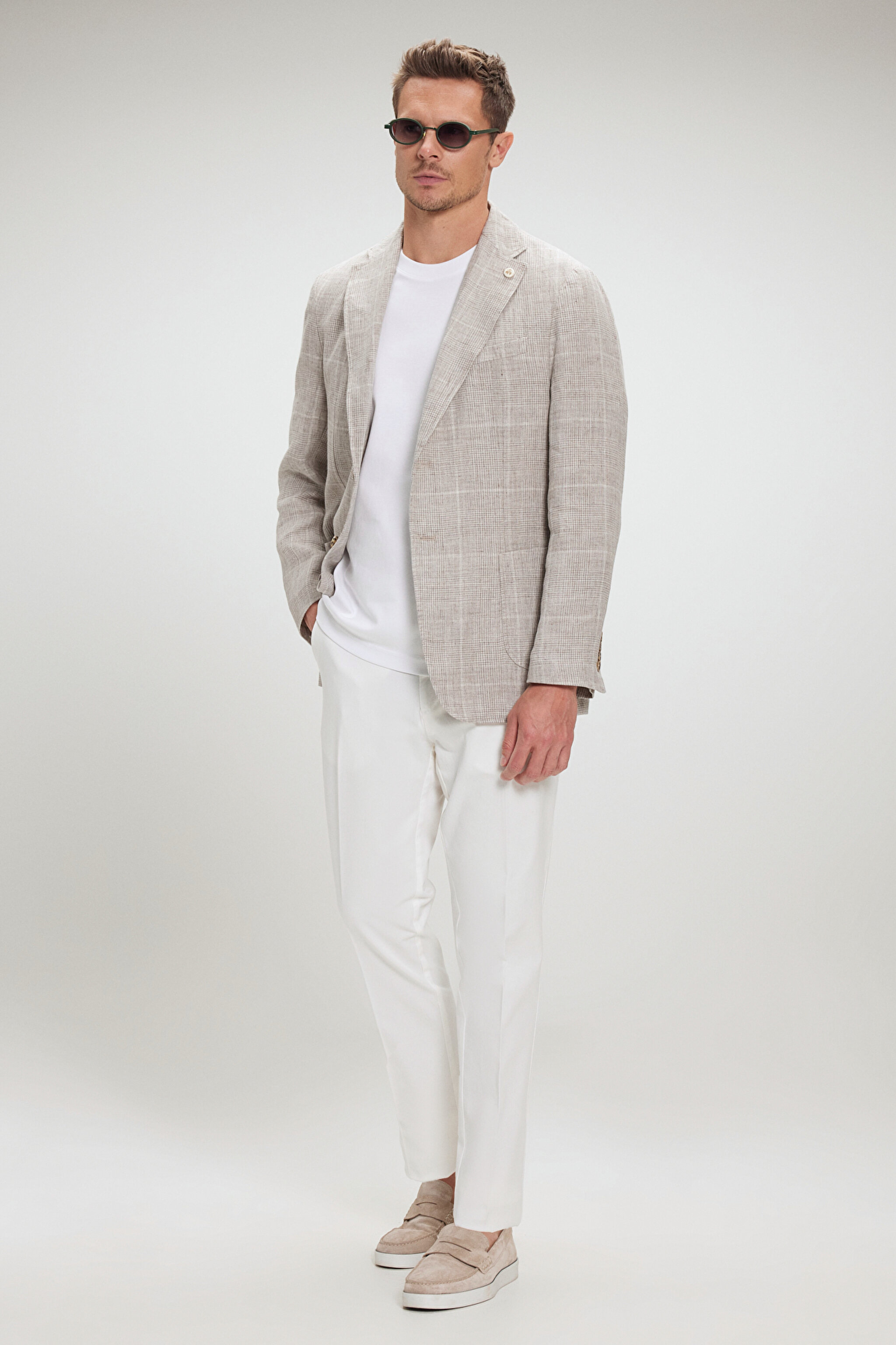 %100 Keten Mono Yaka Slim Fit Limited Edition Ceket - Bej Ekoseli (görsel 3)