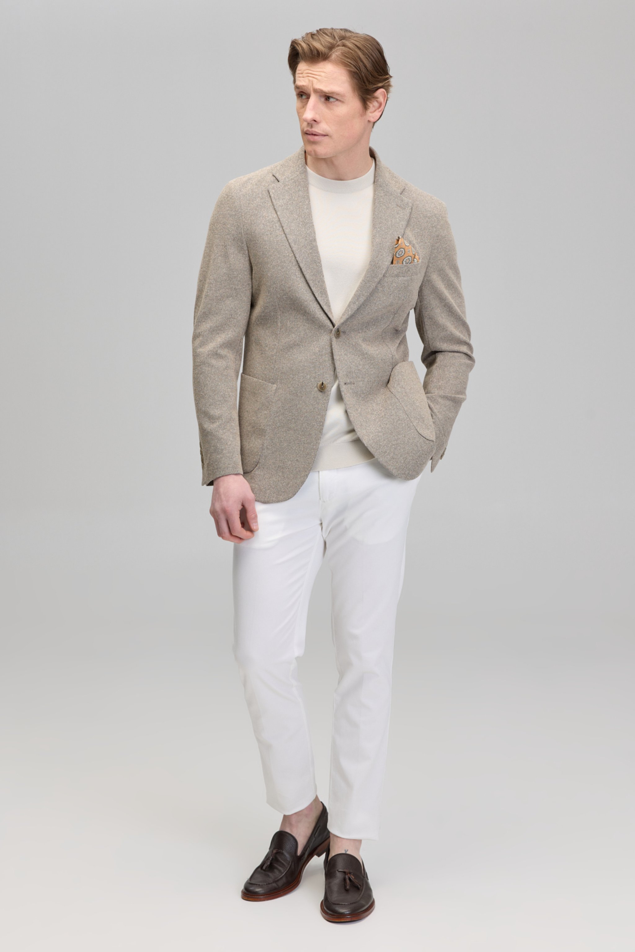 Mono Yaka Slim Fit Örme Bej Erkek Ceket - Bej (görsel 3)