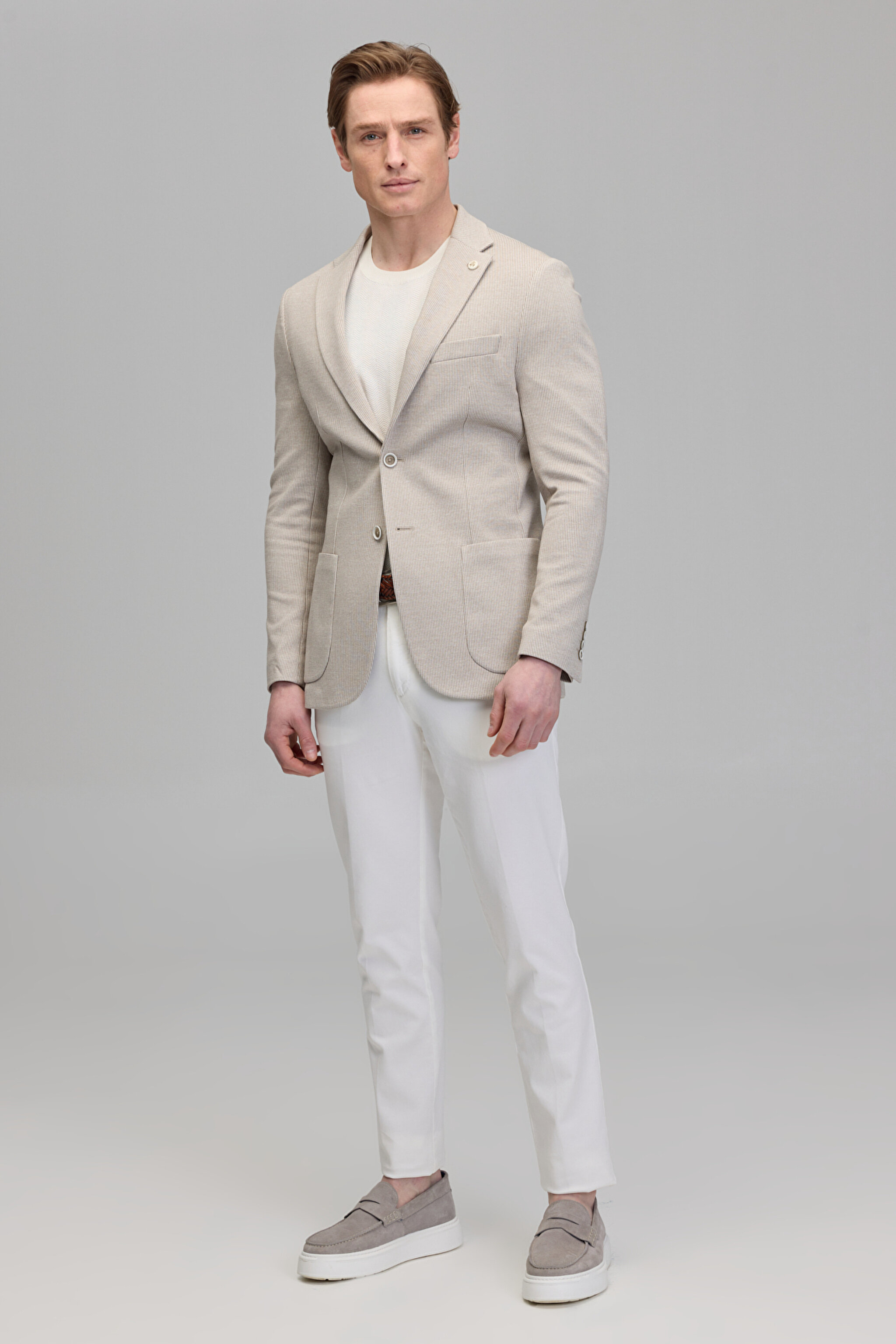 Mono Yaka Slim Fit Örme Erkek Ceket - Bej (görsel 4)