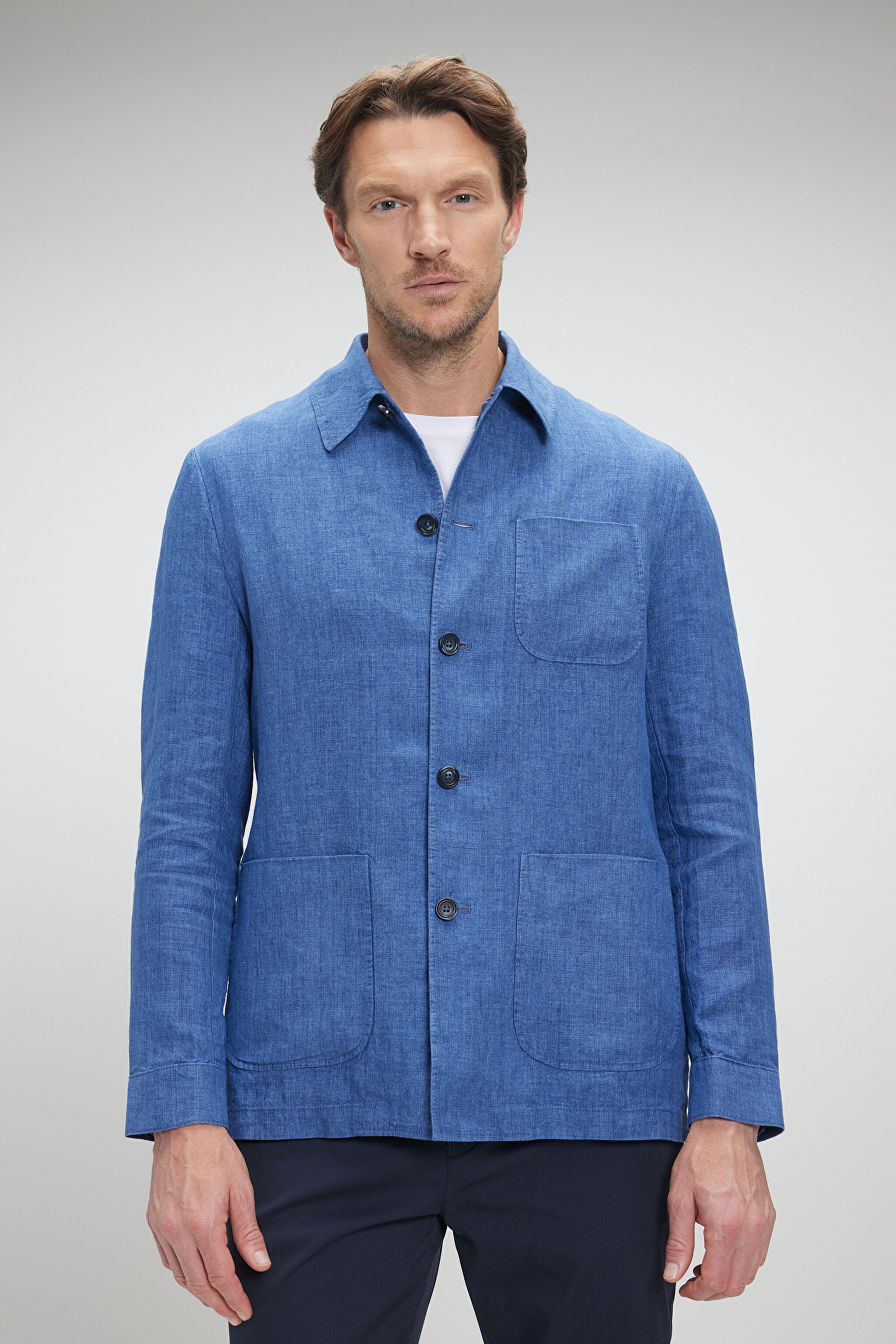 %100 Keten Overshirt İnce Ceket - Mavi