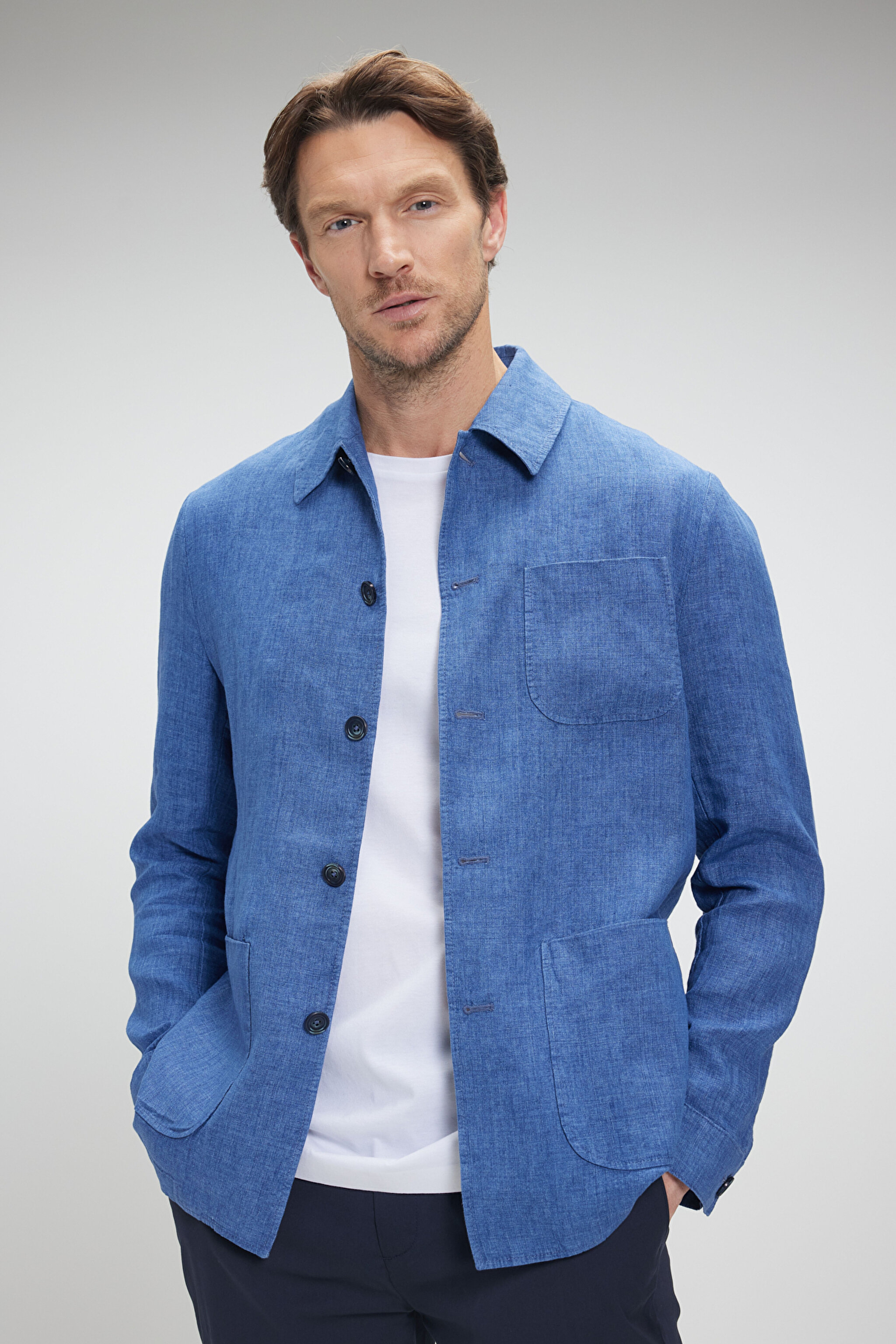 %100 Keten Overshirt İnce Ceket - Mavi (görsel 2)