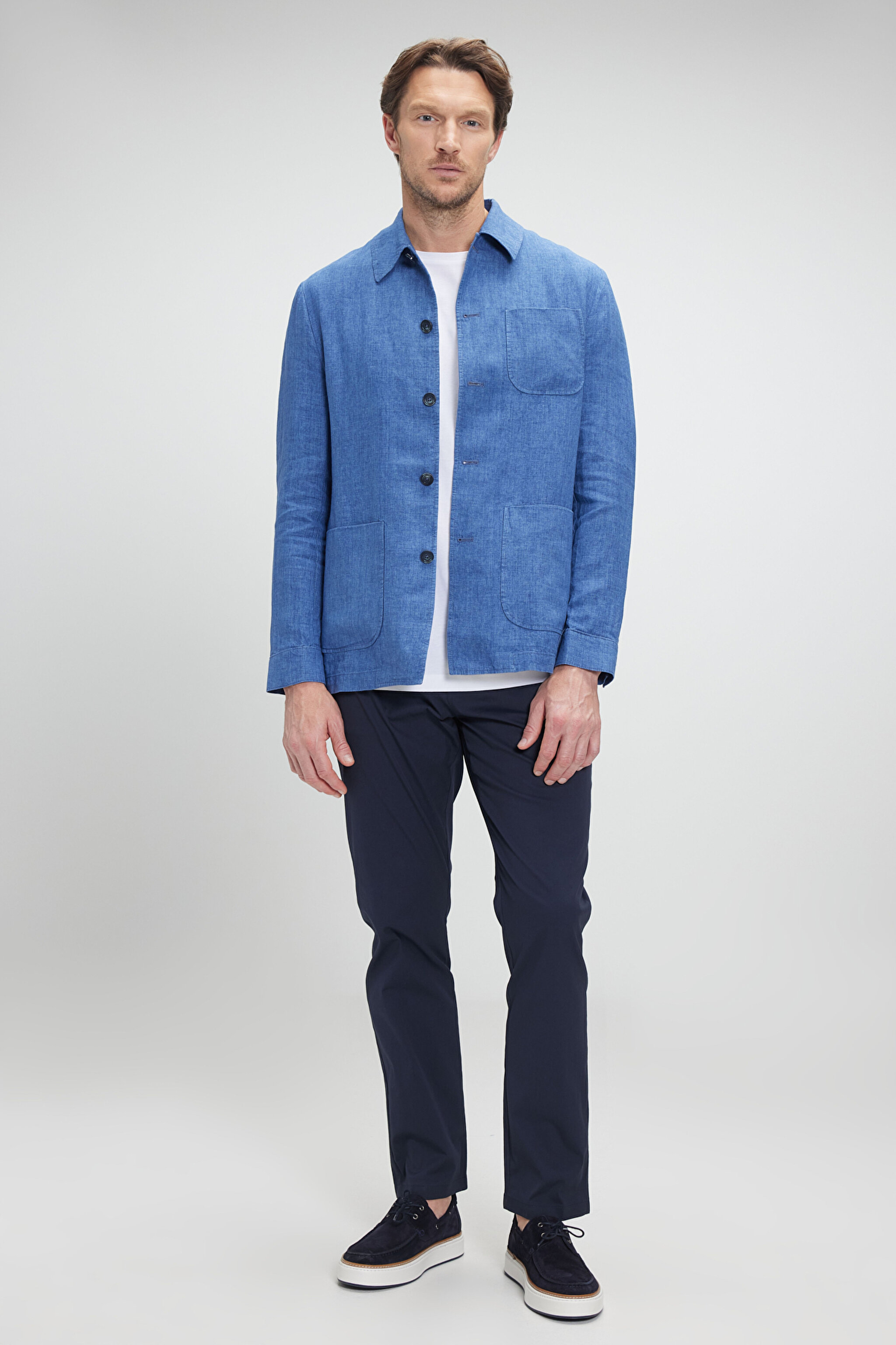 %100 Keten Overshirt İnce Ceket - Mavi (görsel 3)