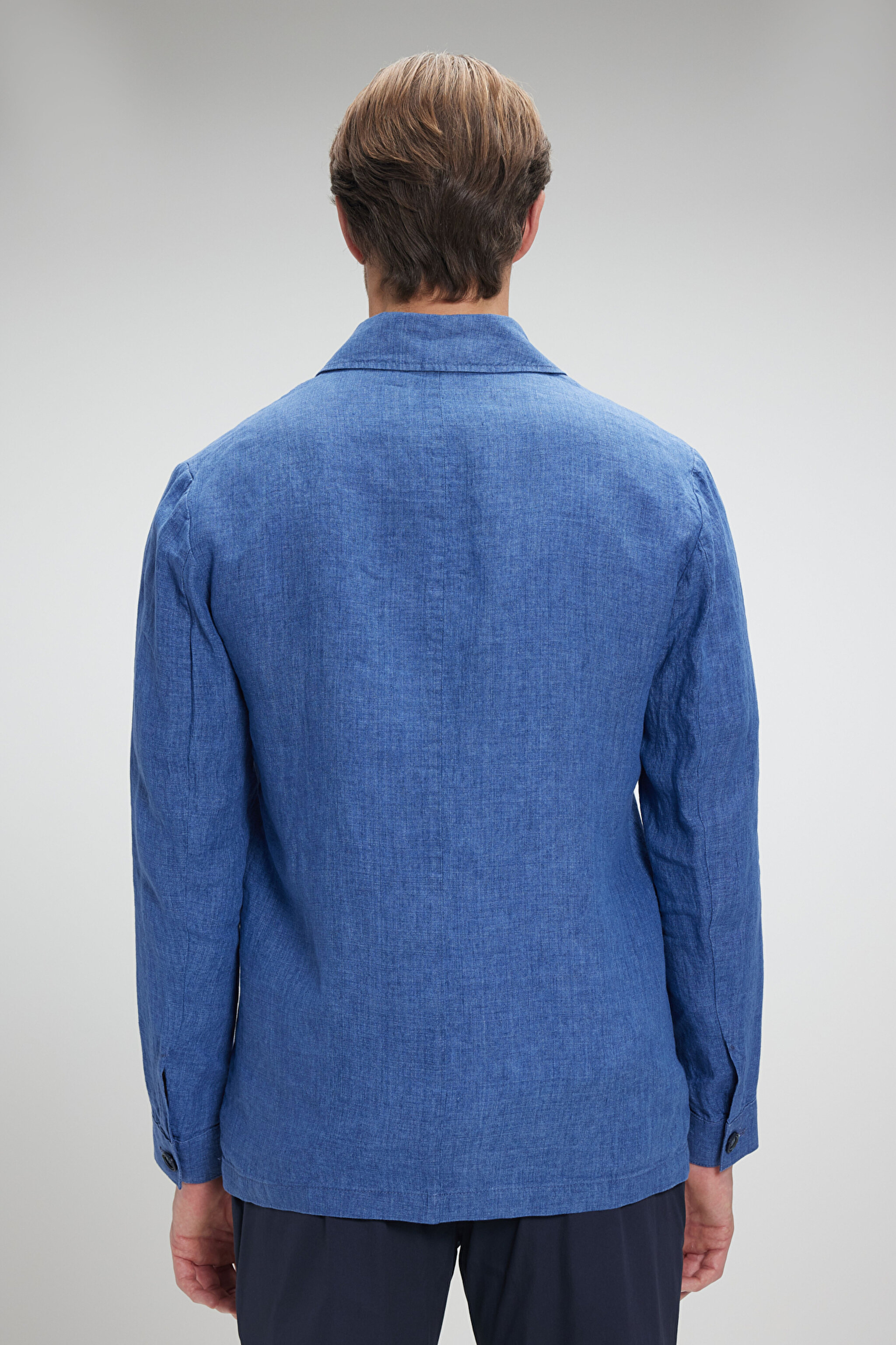 %100 Keten Overshirt İnce Ceket - Mavi (görsel 6)