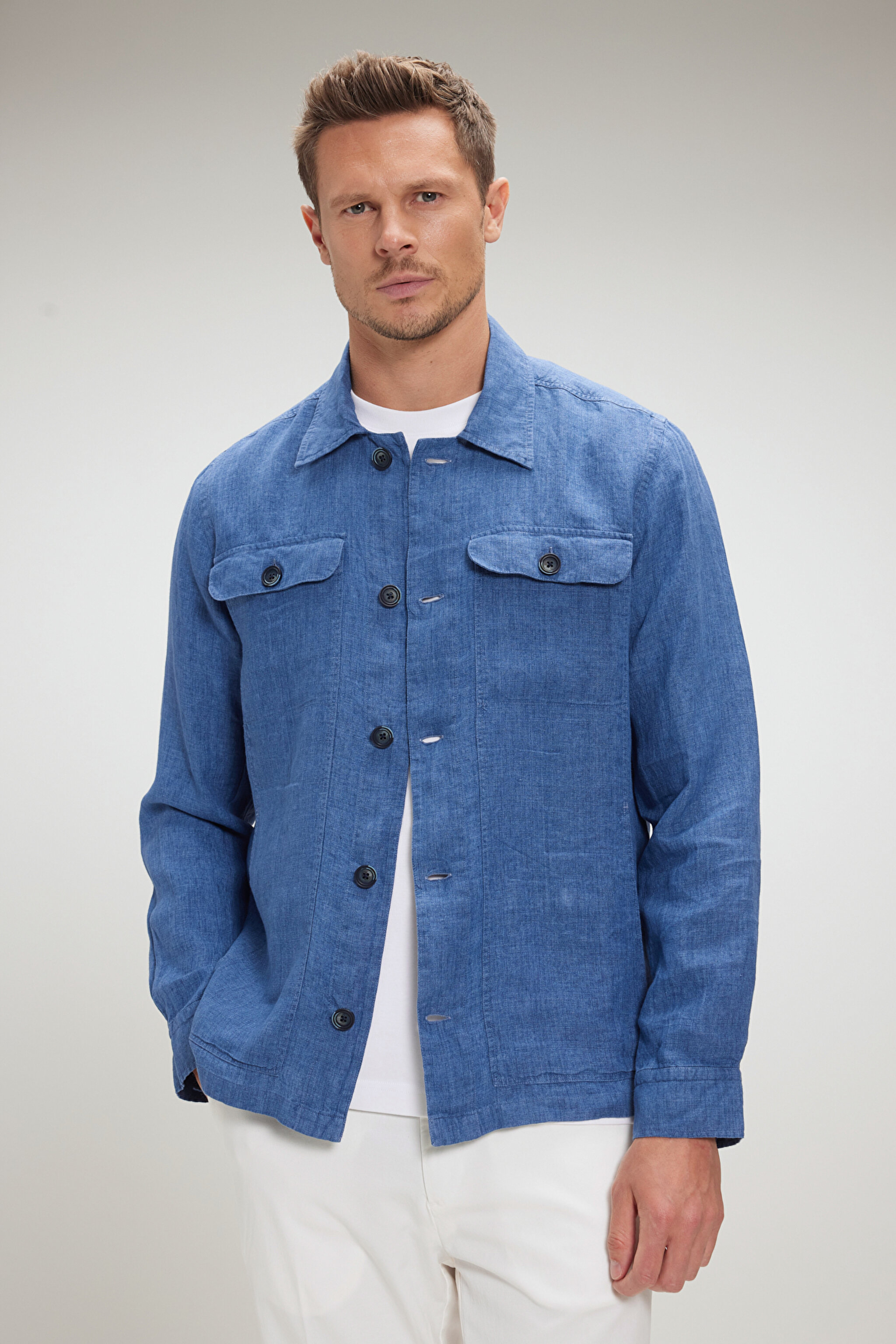 %100 Keten Overshirt İnce Ceket - Mavi