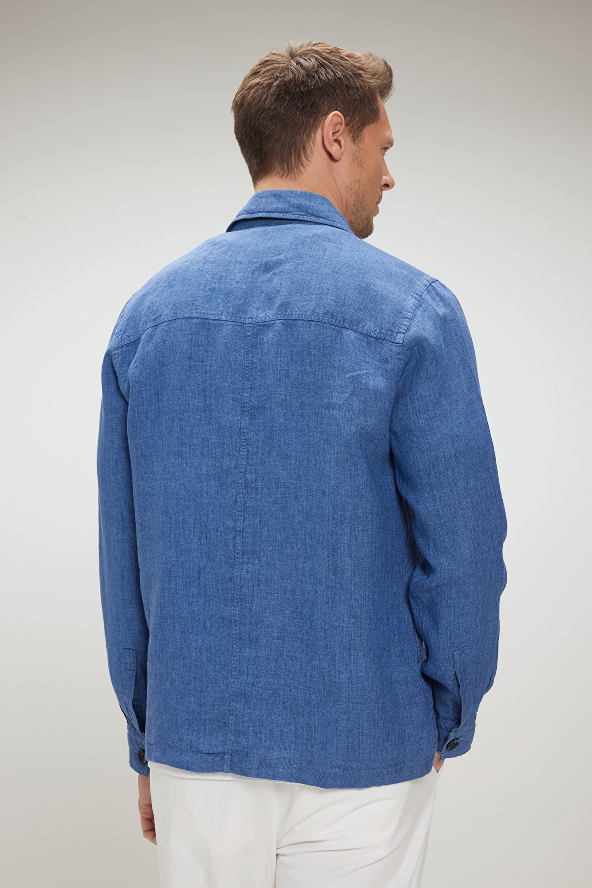 %100 Keten Overshirt İnce Ceket - Mavi (görsel 5)