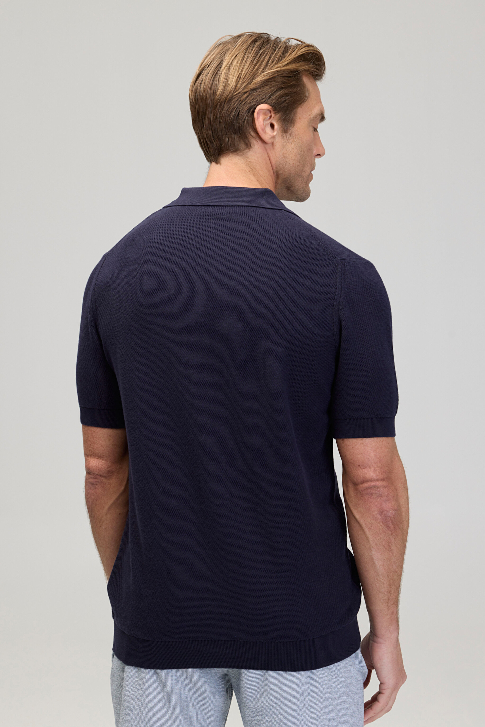 %100 Pamuk Düğmeli Polo Yaka Kısa Kollu Kazak - Lacivert (görsel 5)