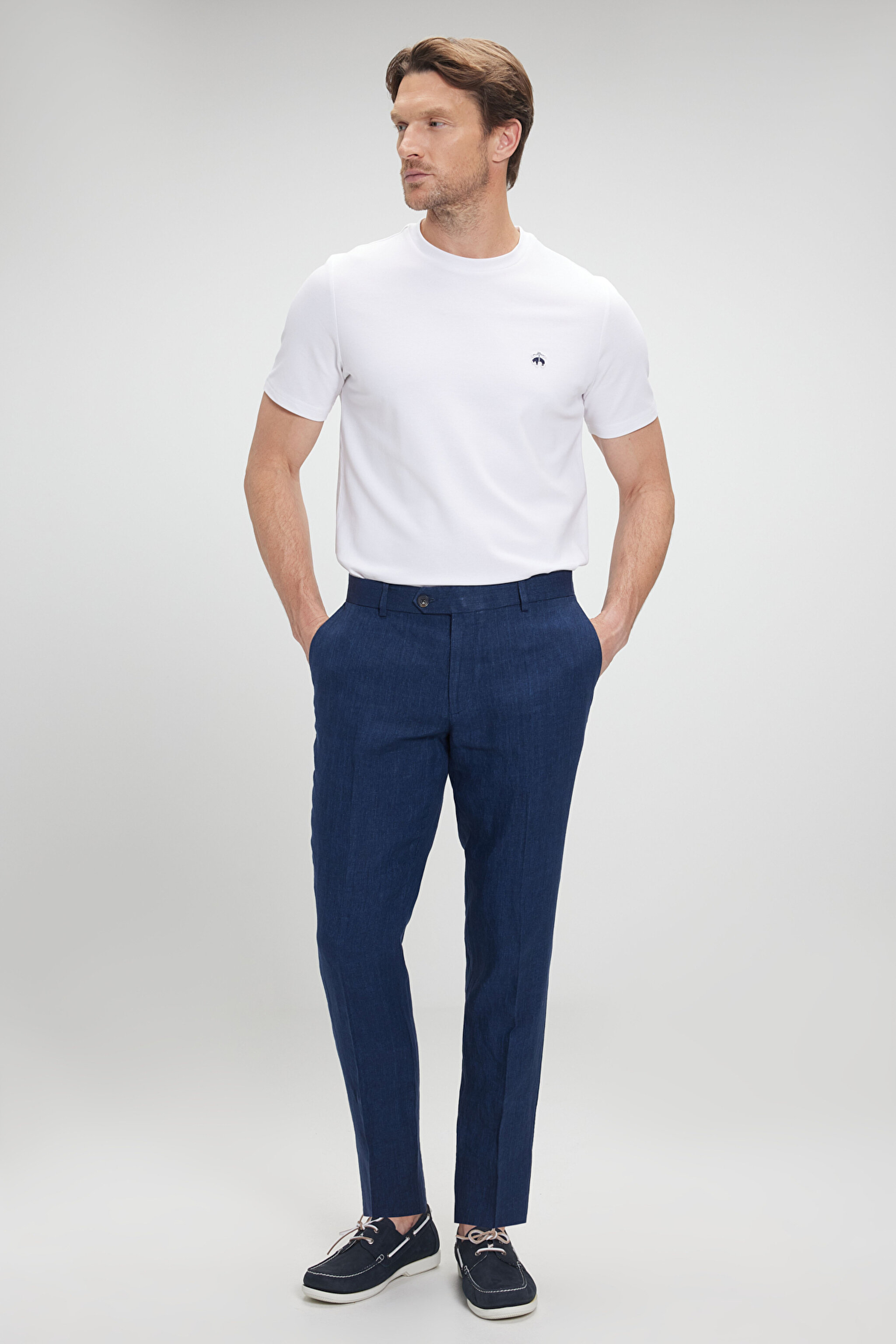 %100 Keten Düz Paça Klasik Pantolon - Lacivert (görsel 2)