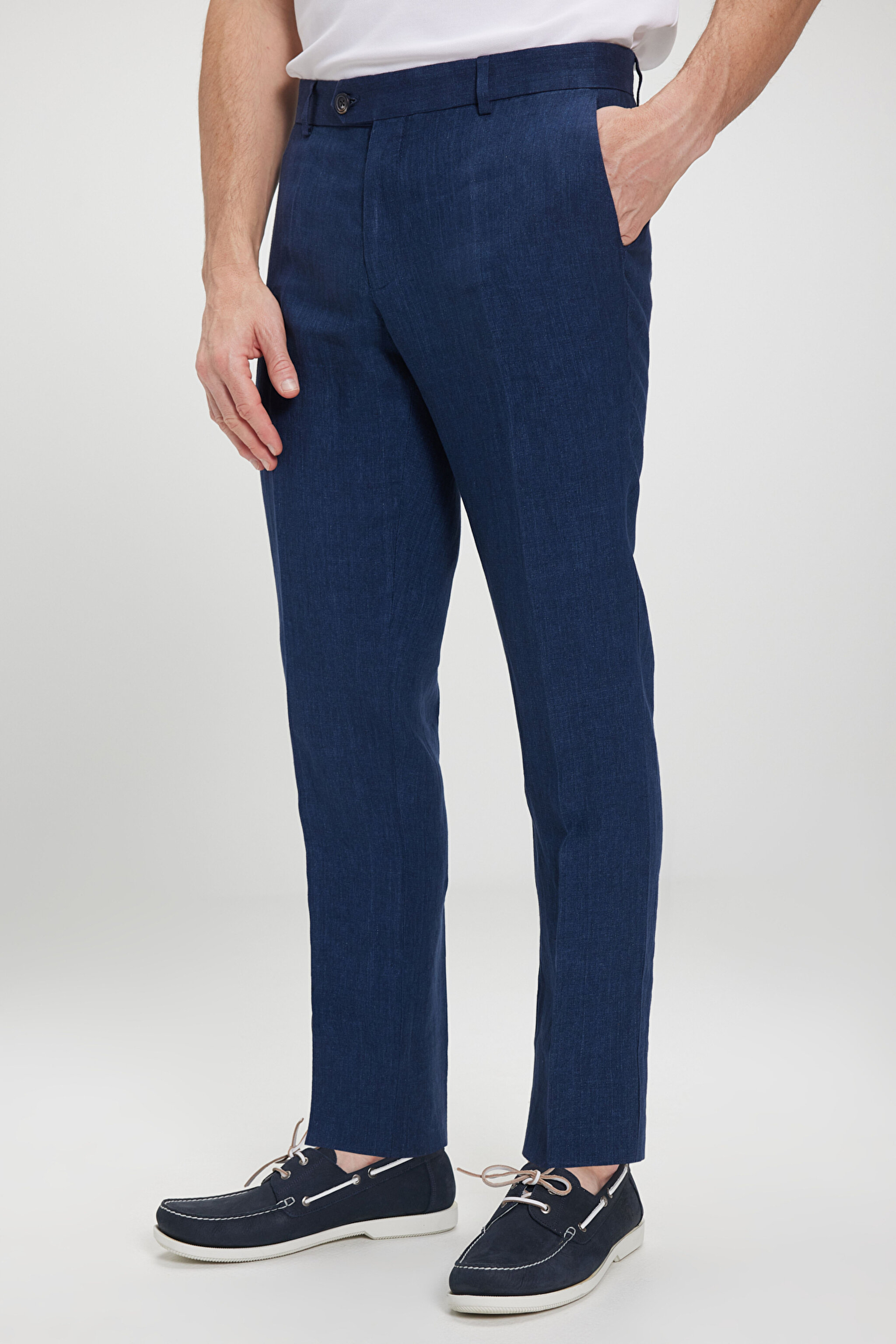 %100 Keten Düz Paça Klasik Pantolon - Lacivert (görsel 3)
