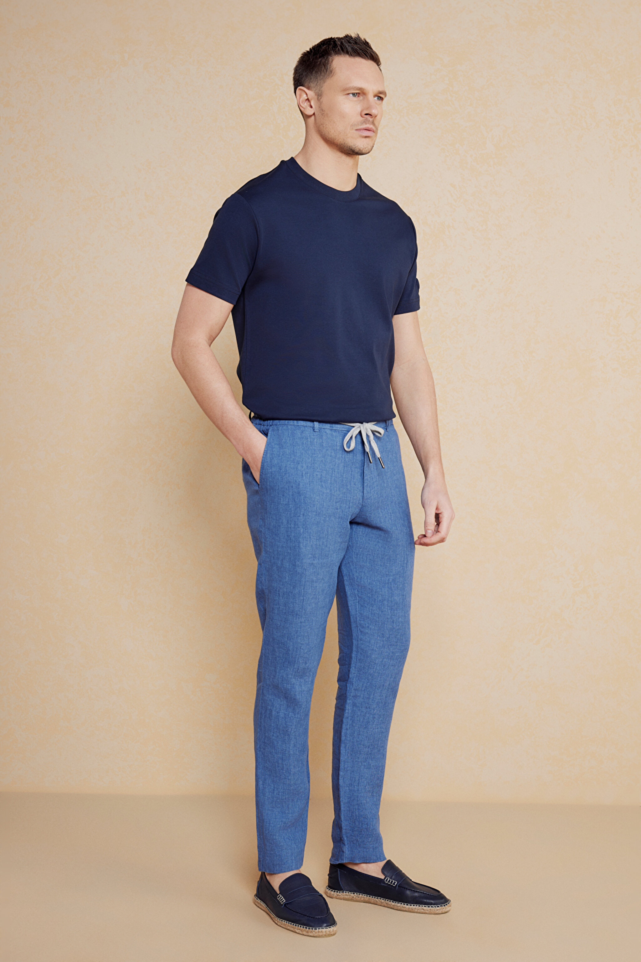 %100 Keten Cepli Jogger Pantolon - Mavi (görsel 2)