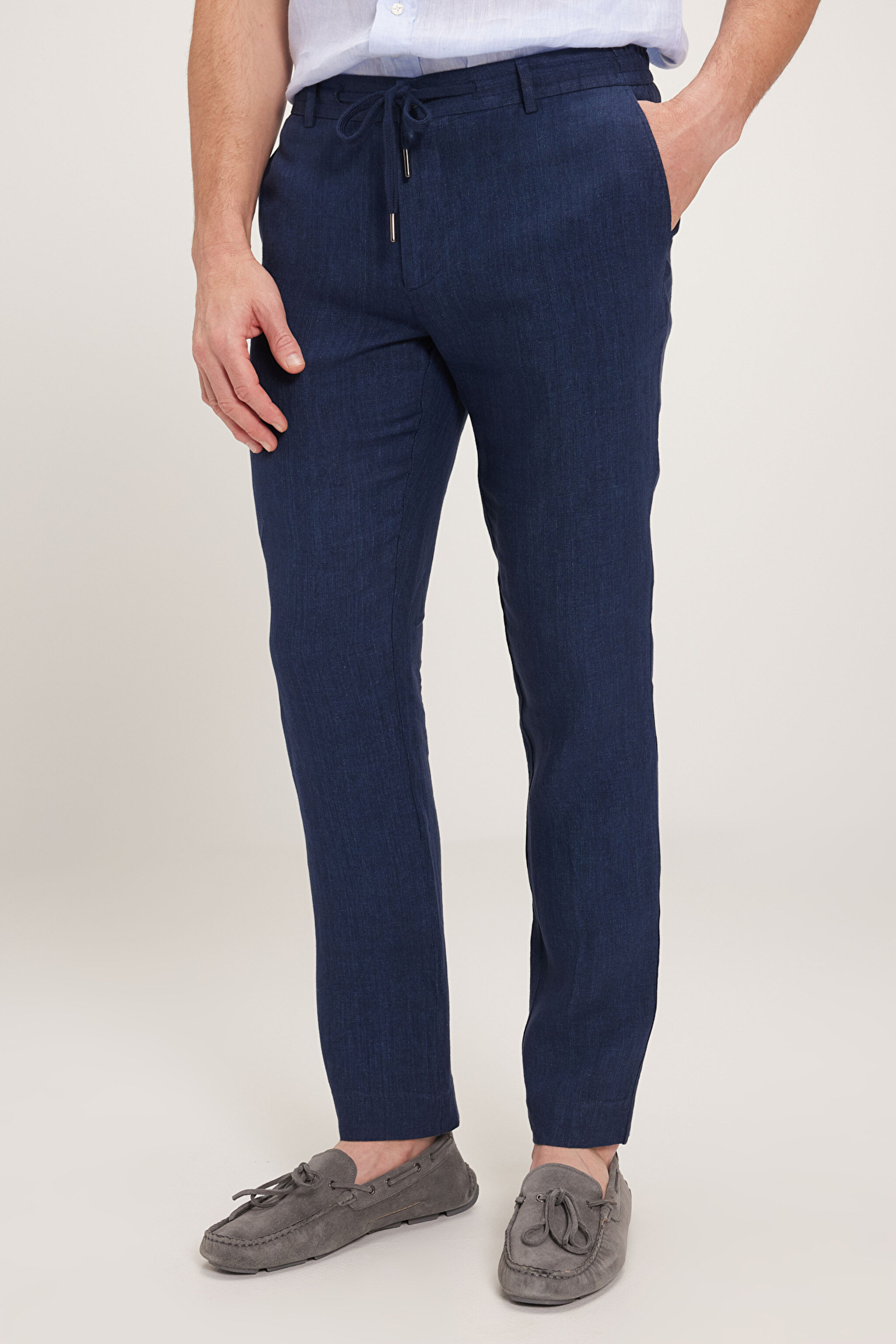 %100 Keten Cepli Jogger Pantolon - Lacivert (görsel 4)