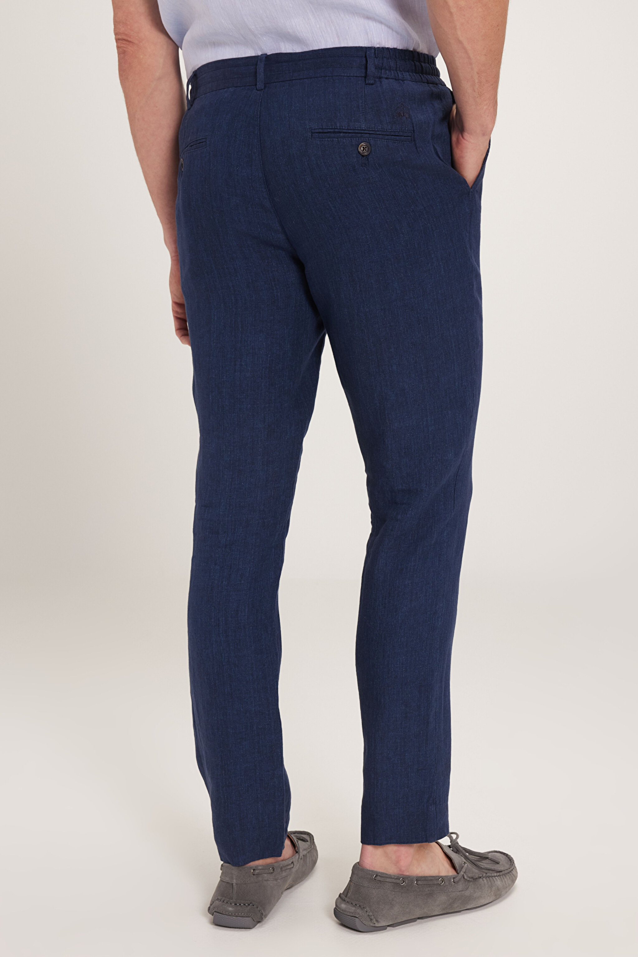 %100 Keten Cepli Jogger Pantolon - Lacivert (görsel 5)