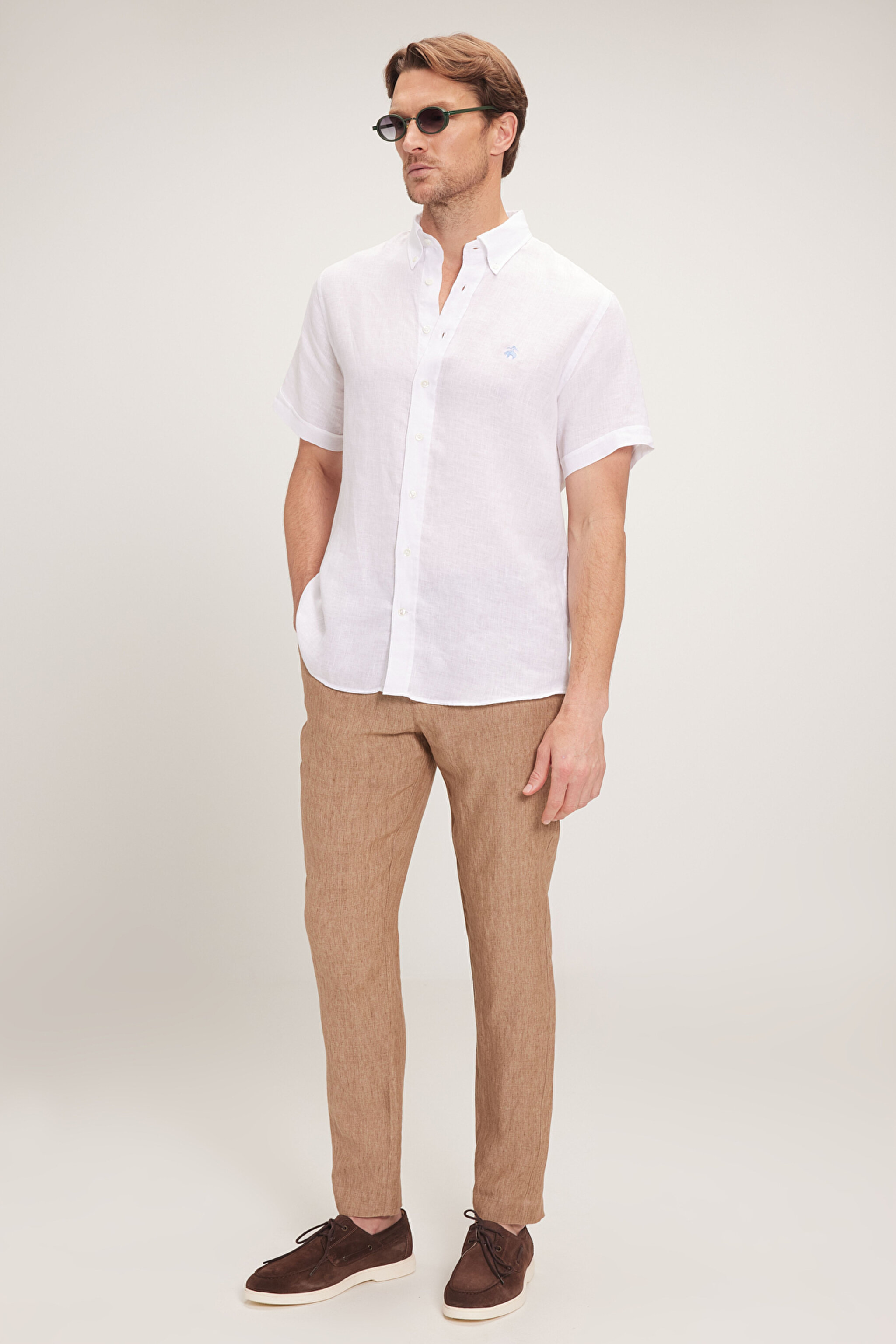 %100 Keten Cepli Jogger Pantolon - Bej