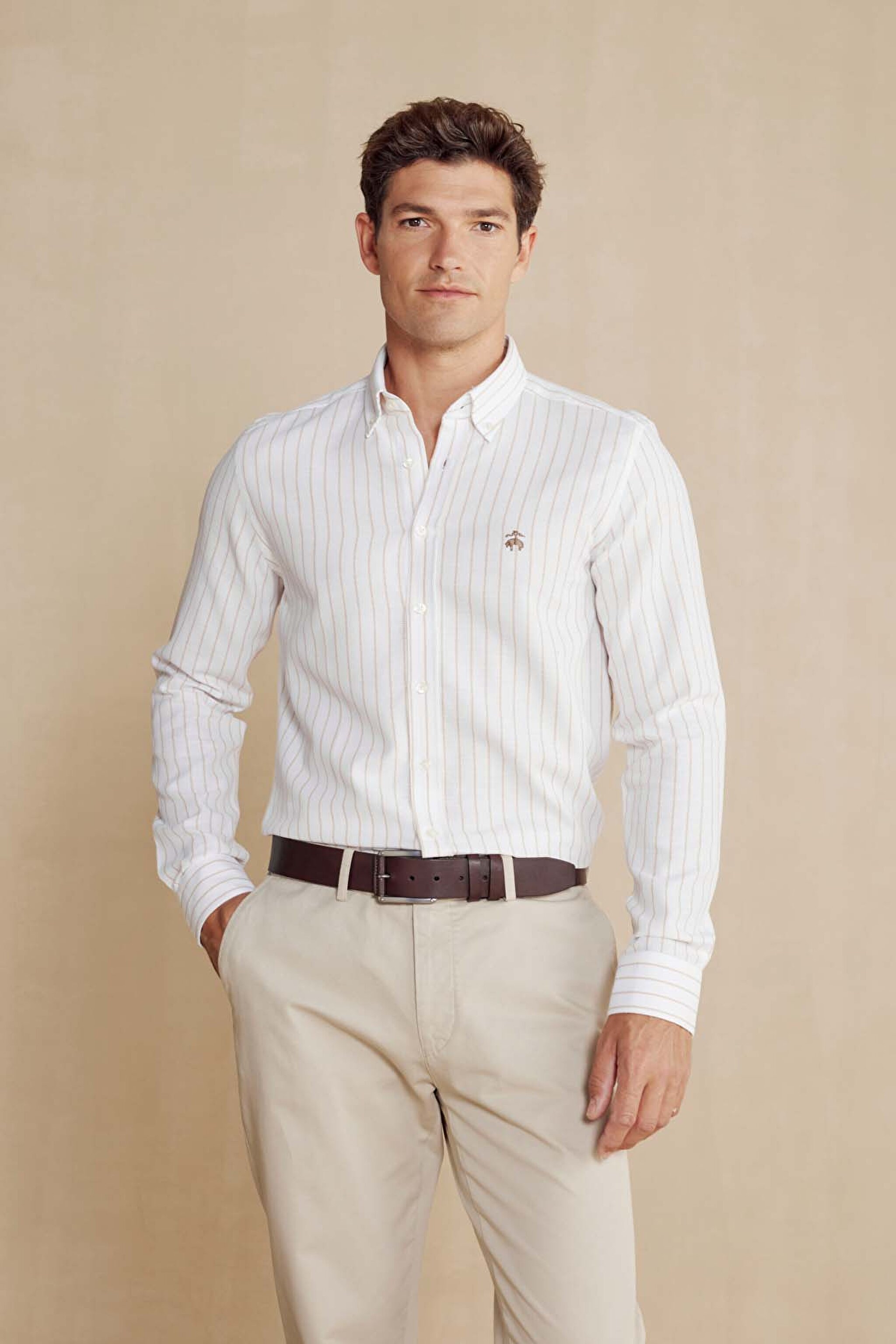%100 Pamuk Düğmeli Yaka Slim Fit Gömlek - Ekru-Bej