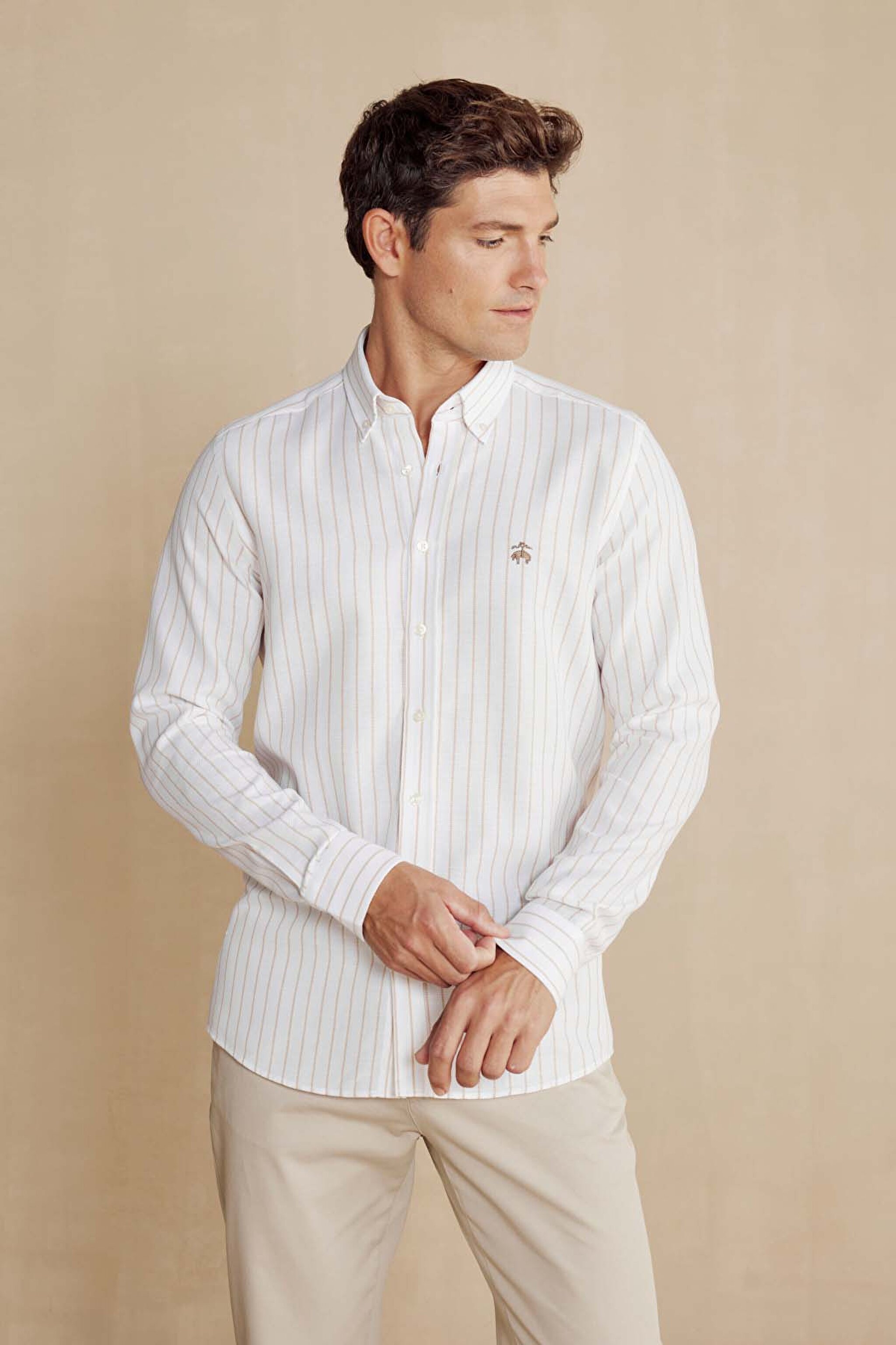 %100 Pamuk Düğmeli Yaka Slim Fit Gömlek - Ekru-Bej (görsel 2)