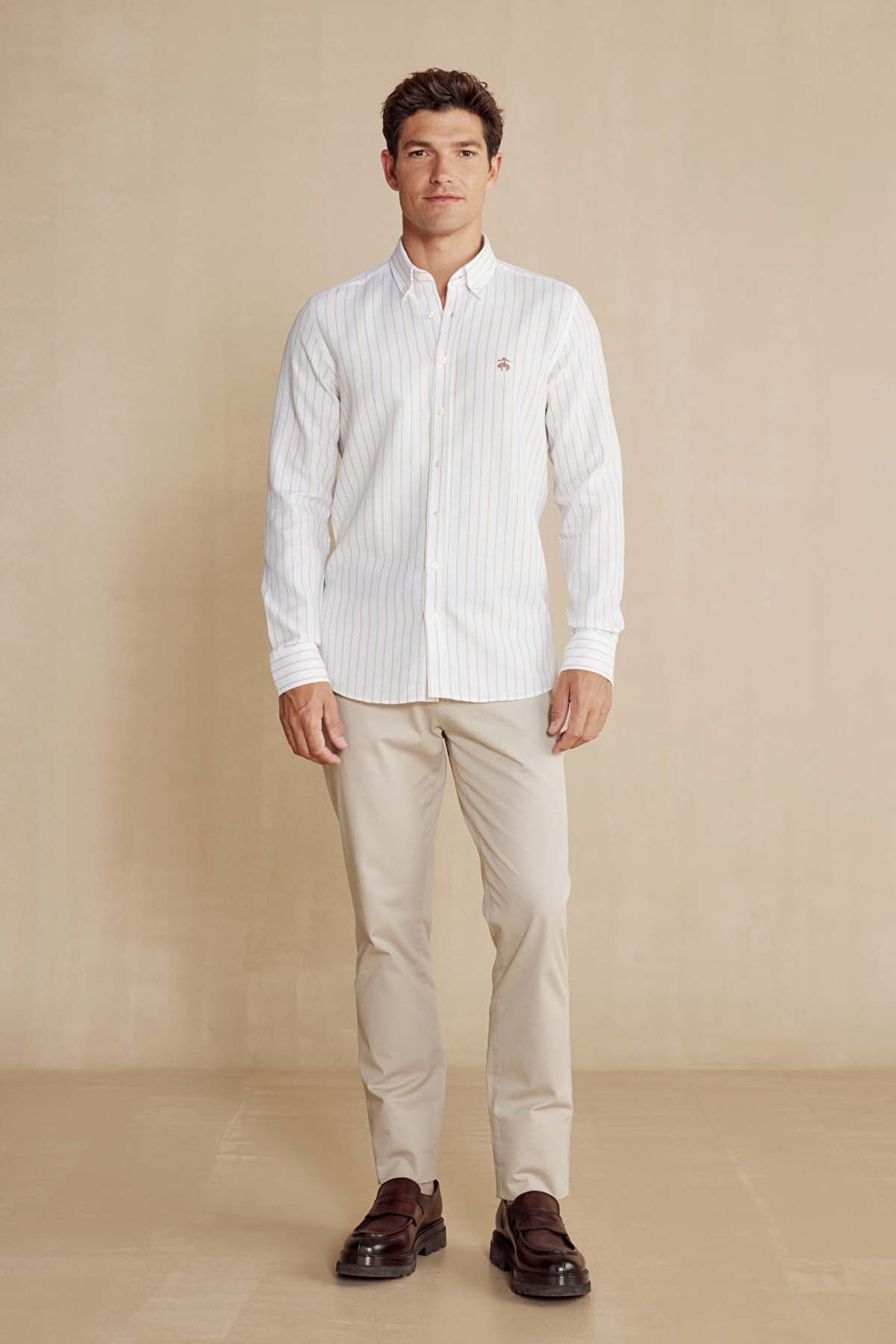 %100 Pamuk Düğmeli Yaka Slim Fit Gömlek - Ekru-Bej (görsel 3)