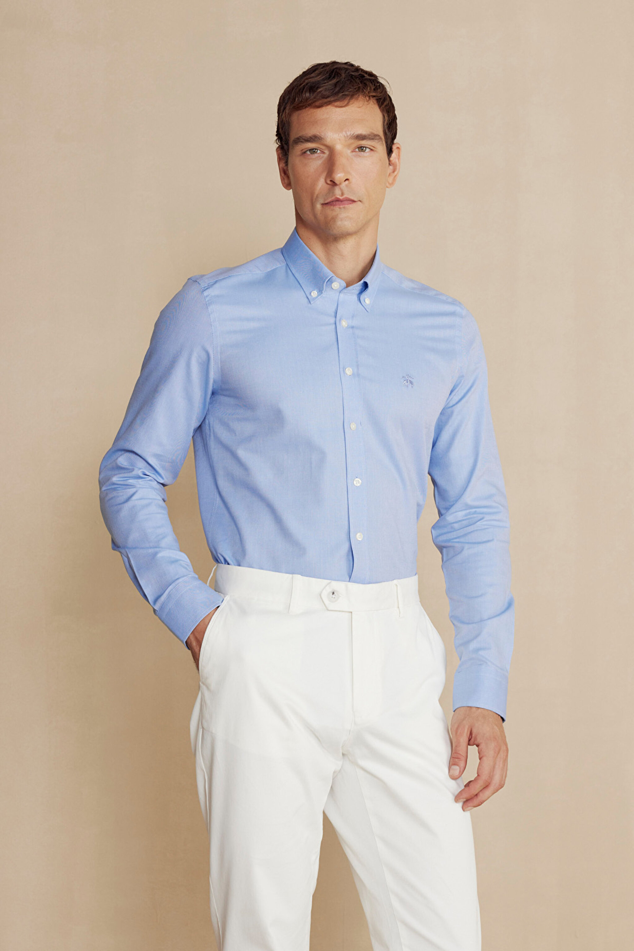 %100 Pamuk Düğmeli Yaka Slim Fit Gömlek - Mavi