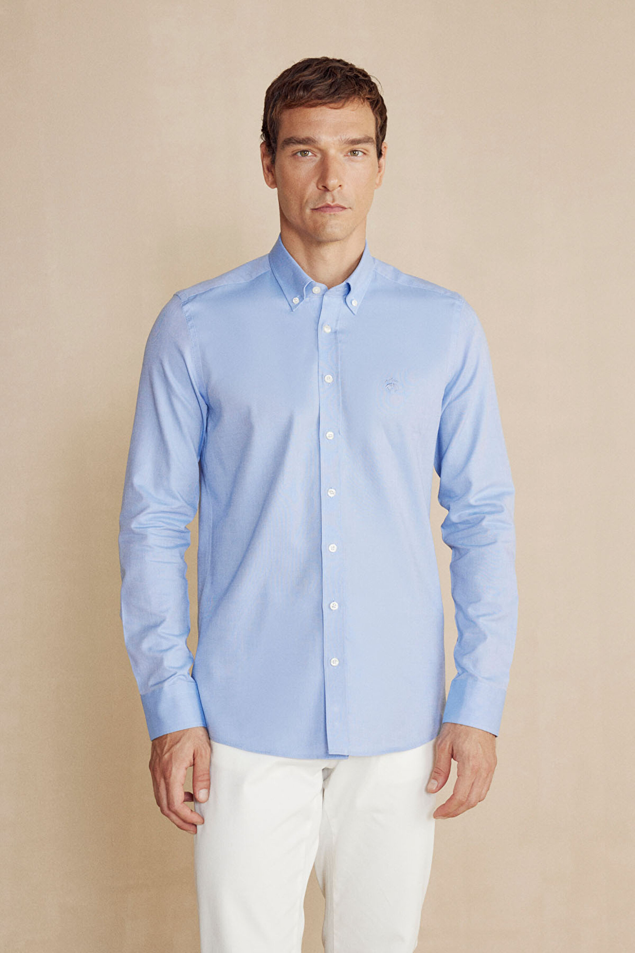 %100 Pamuk Düğmeli Yaka Slim Fit Gömlek - Mavi (görsel 2)