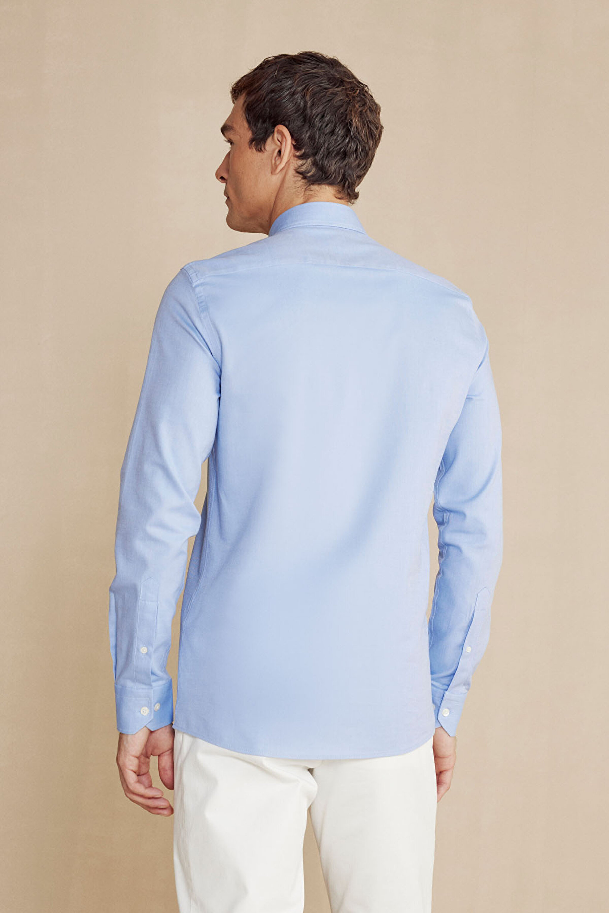 %100 Pamuk Düğmeli Yaka Slim Fit Gömlek - Mavi (görsel 5)