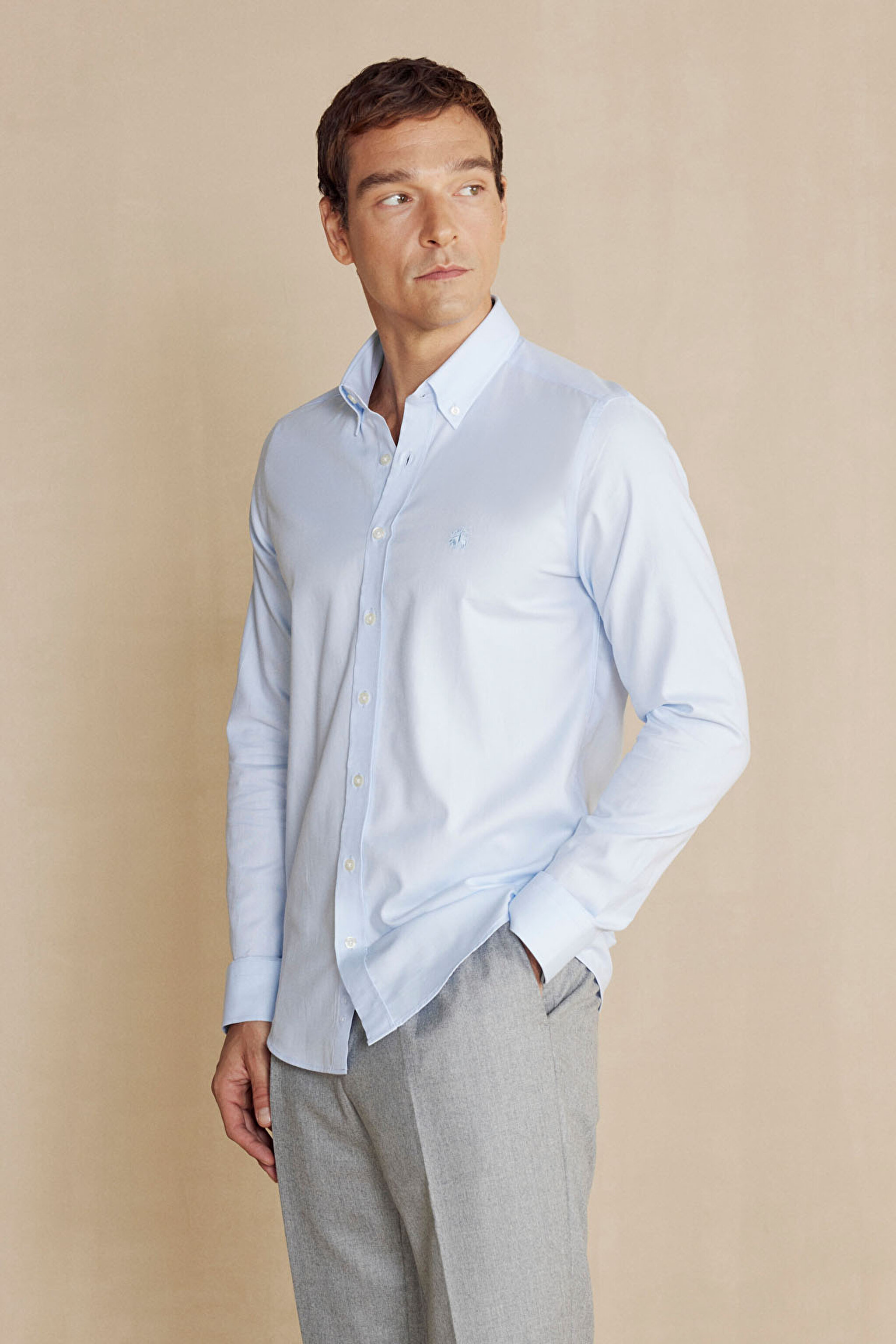%100 Pamuk Düğmeli Yaka Slim Fit Gömlek - Açık Mavi (görsel 2)